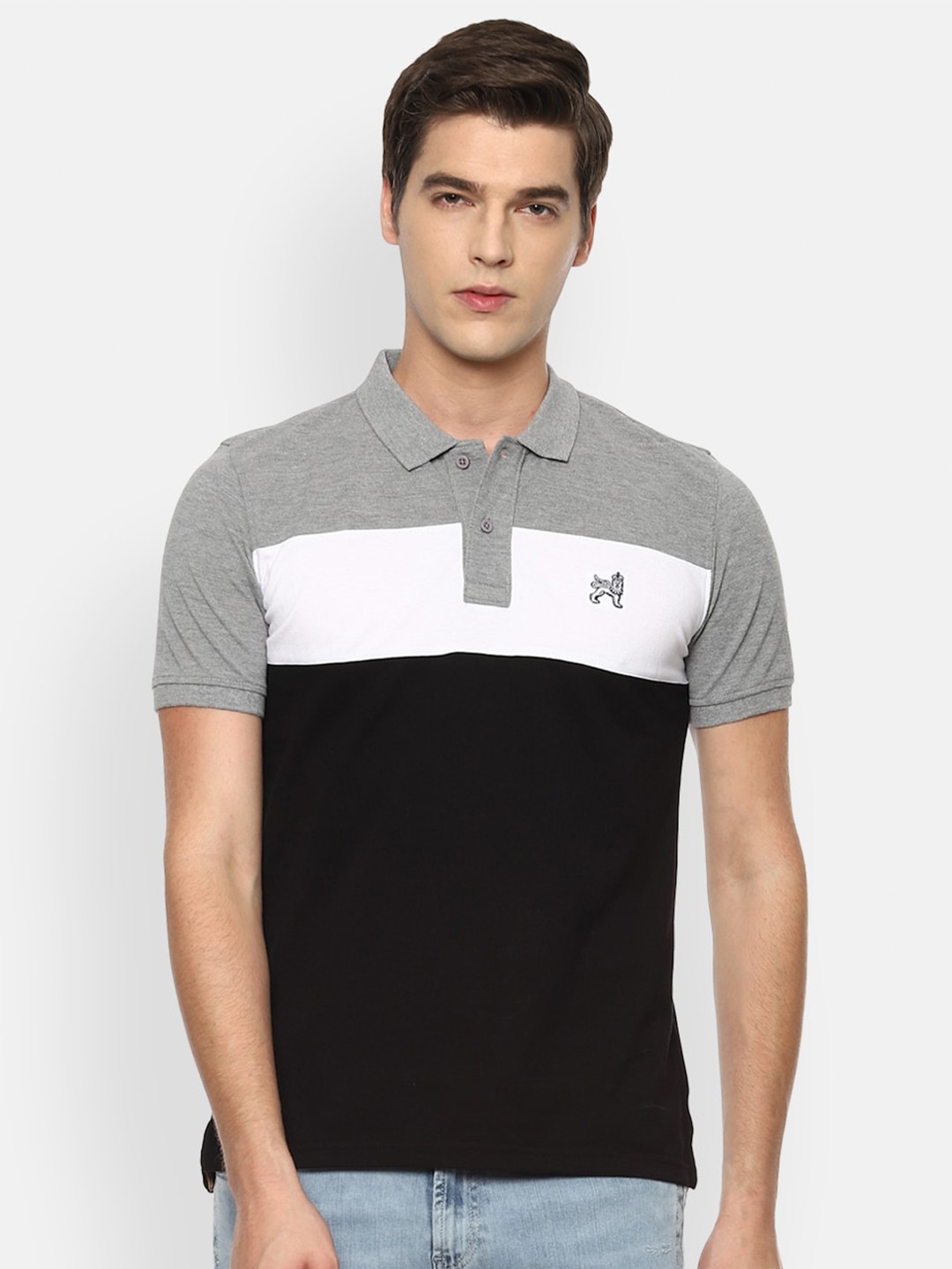

Van Heusen Sport Men Black & Grey Colourblocked Polo Collar T-shirt