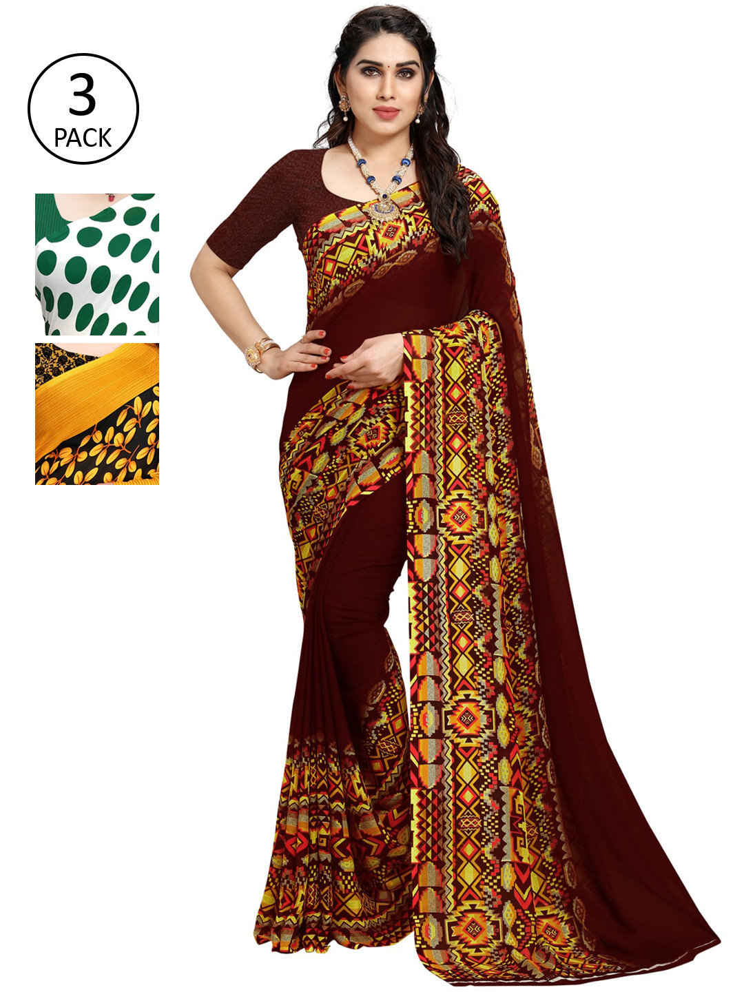 

KALINI Multicoloured Set of 3 Poly Georgette Saree, Multi