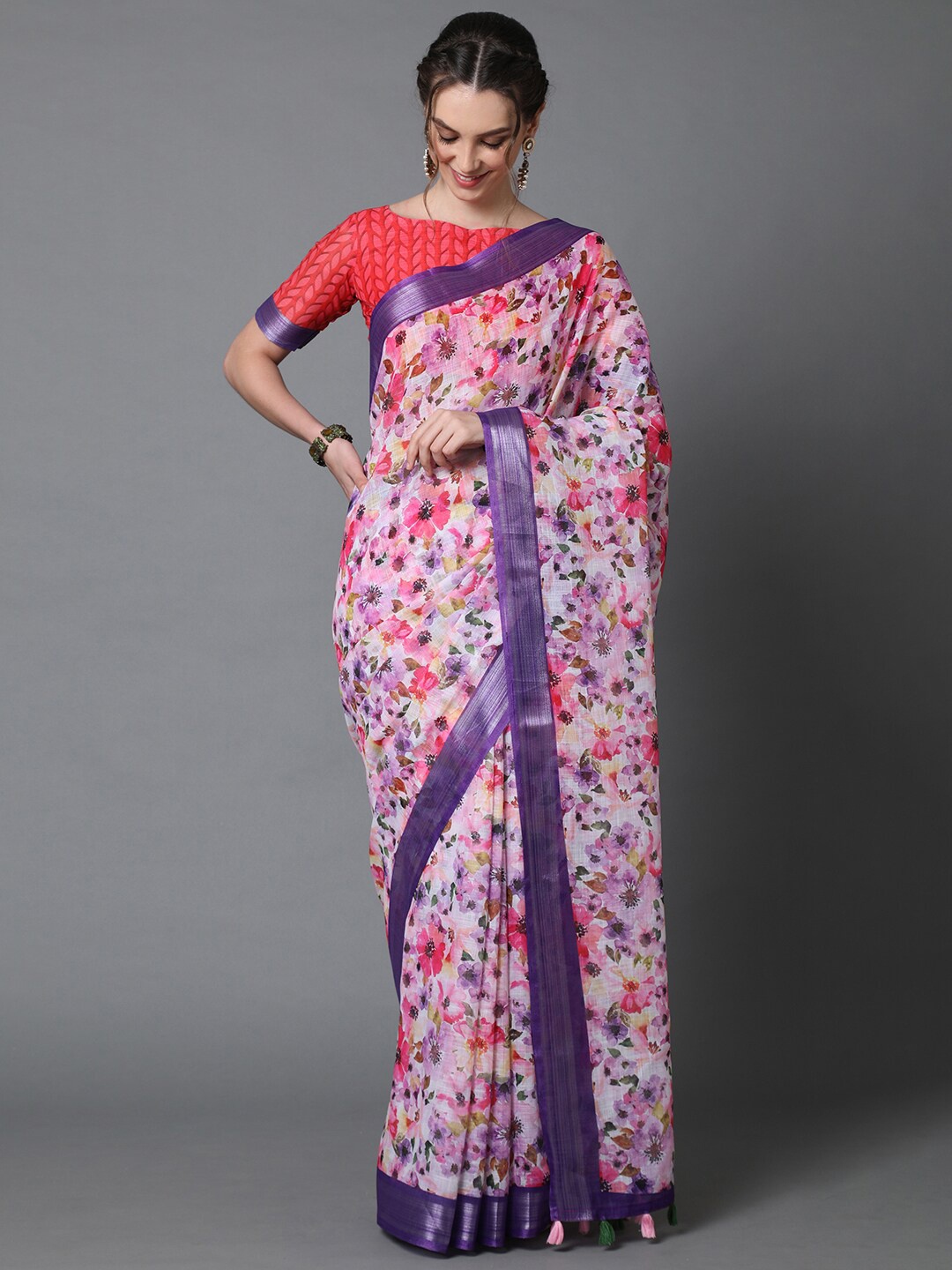 

Mitera Pink & Blue Floral Linen Blend Saree