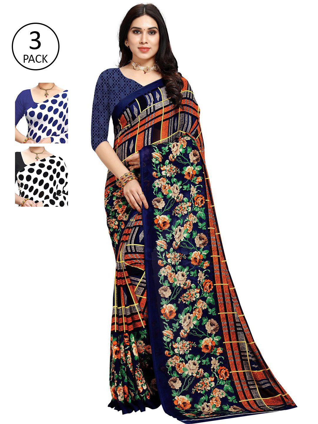 

KALINI Women Pack Of 3 Printed Sarees, White