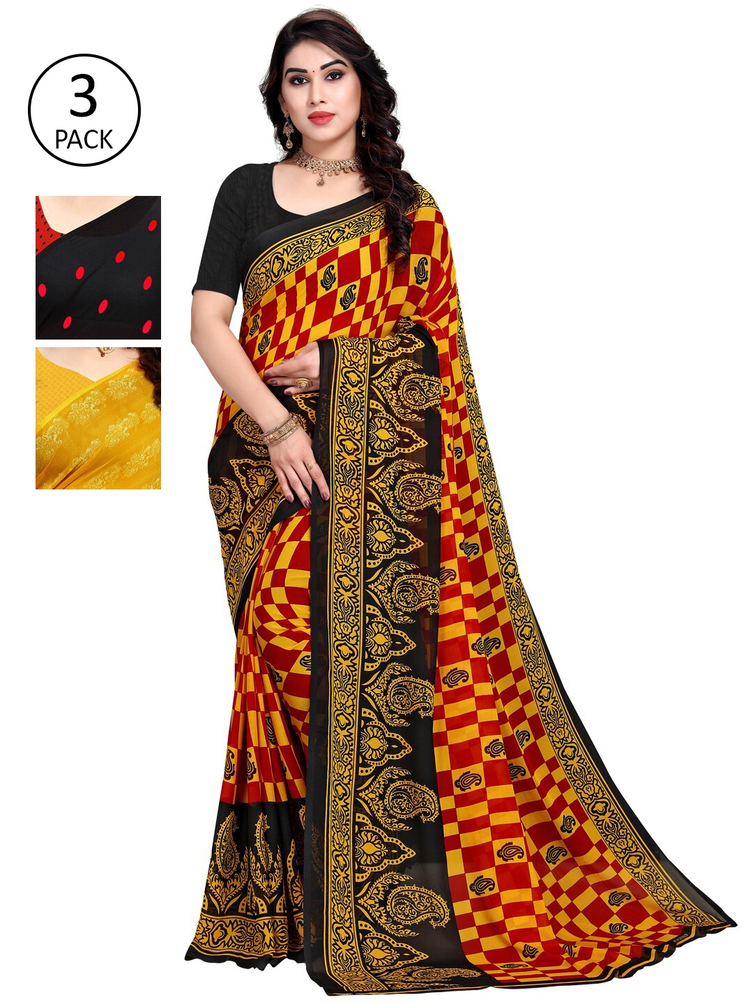

KALINI Pack of 3 Poly Georgette Printed Sarees, Black