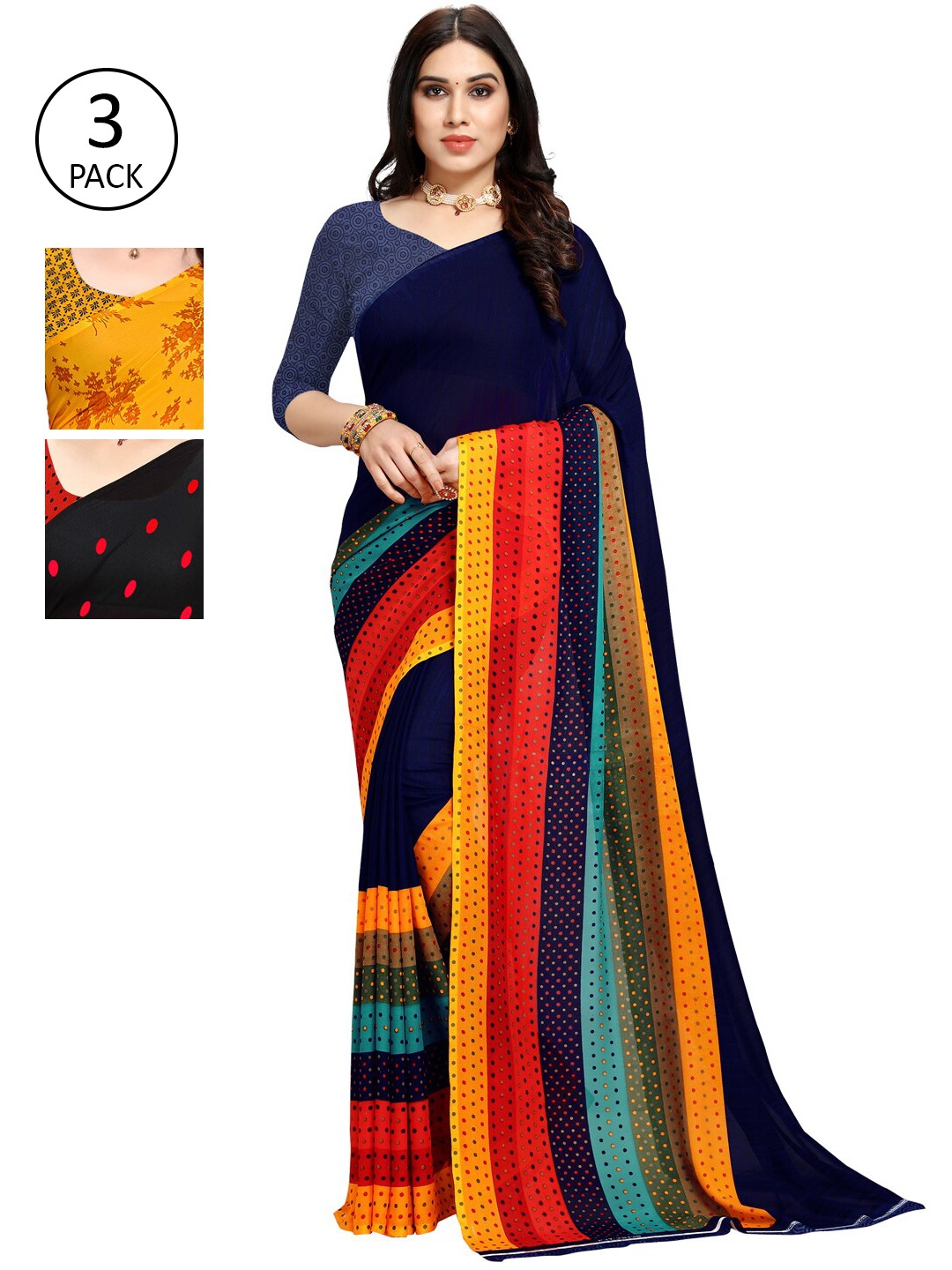 

KALINI Pack Of 3 Multicoloured Poly Georgette Sarees, Multi