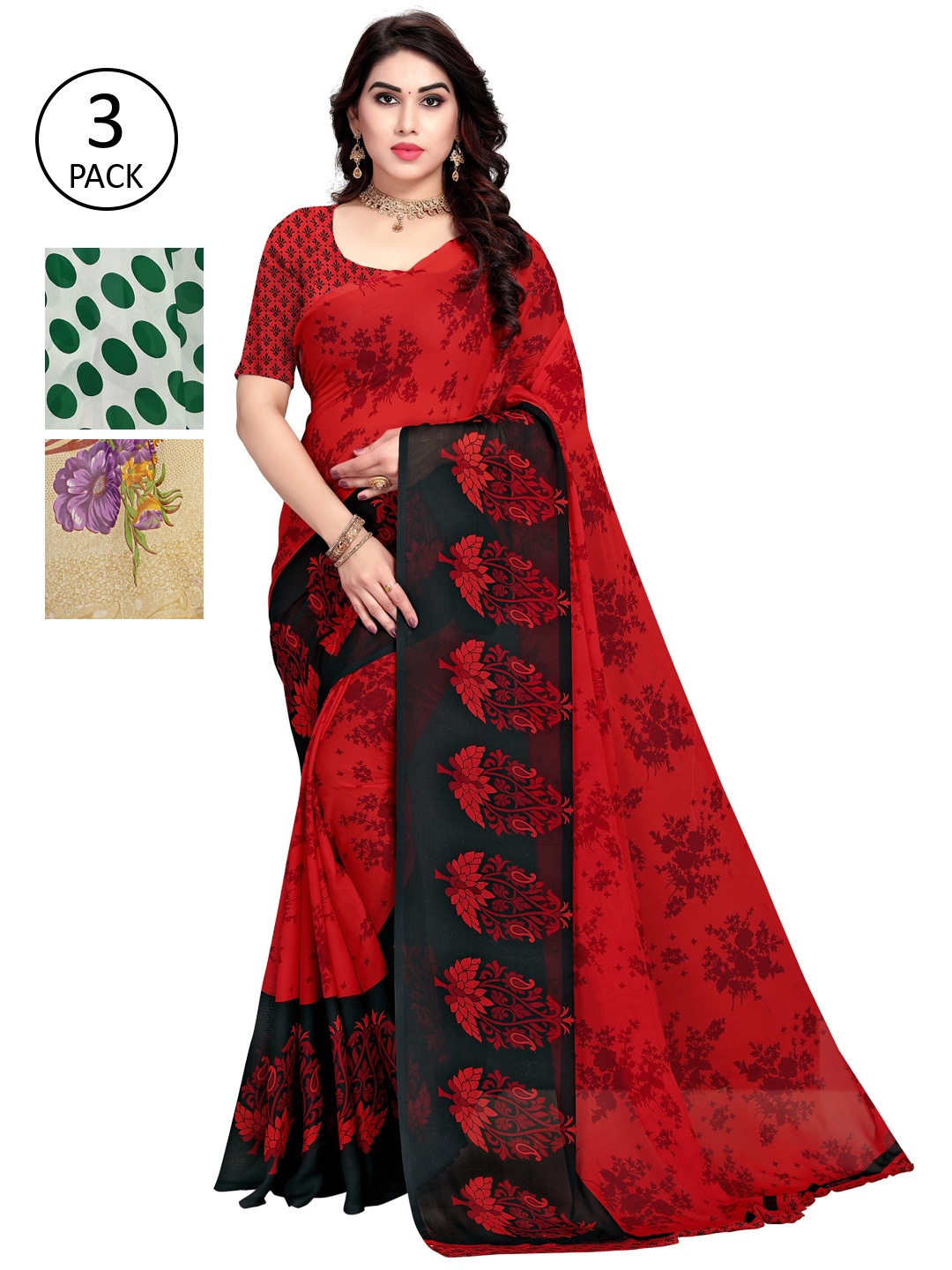 

KALINI Women Pack of 3 Printed Poly Georgette Sarees, White