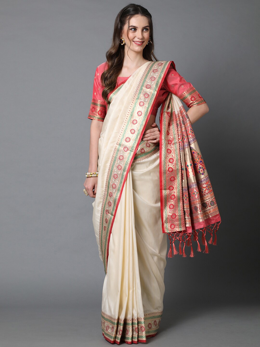 

Mitera Cream Zari Silk Blend Banarasi Saree