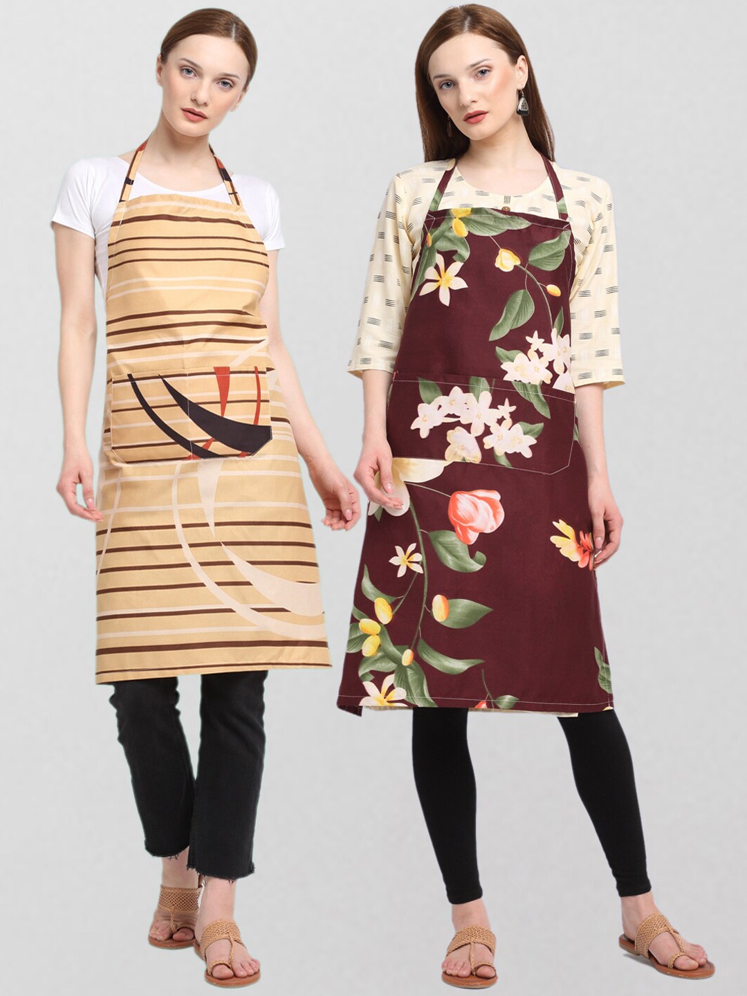 KLOTTHE Unisex Pack Of 2 Printed 210 TC Cotton Aprons, Beige