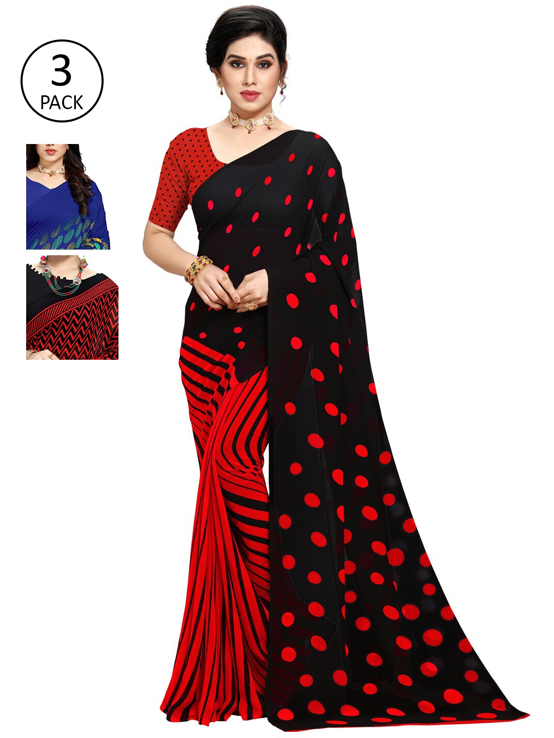 

KALINI Women Pack of 3 Printed Poly Georgette Sarees, Blue