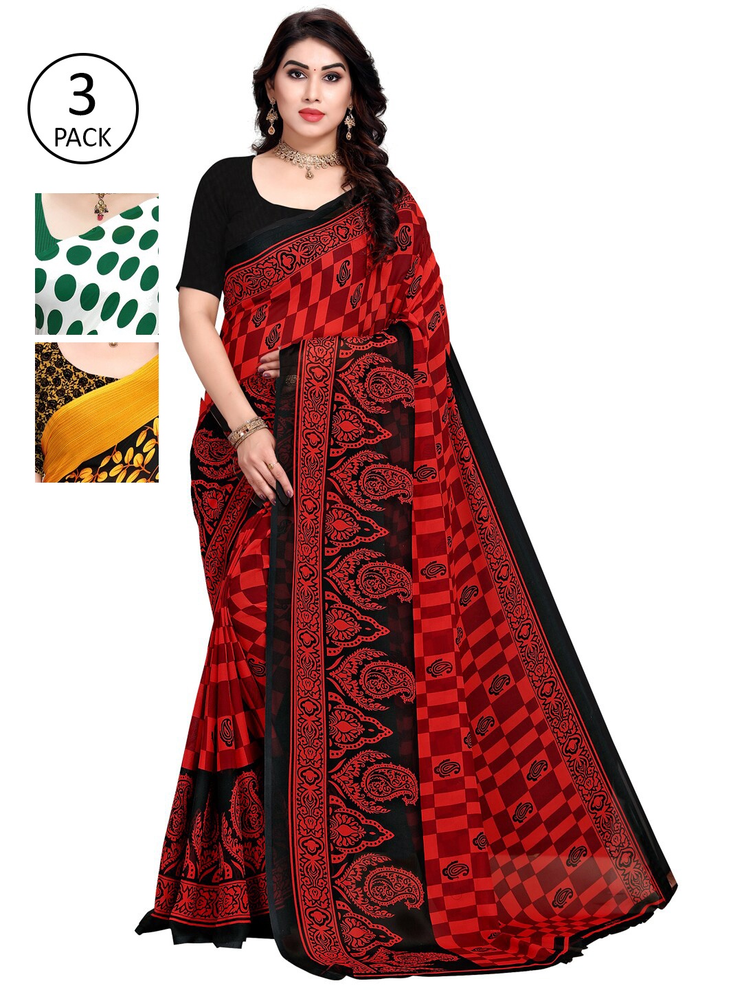 

KALINI Pack of 3 Poly Geirgette Printed Sarees, White