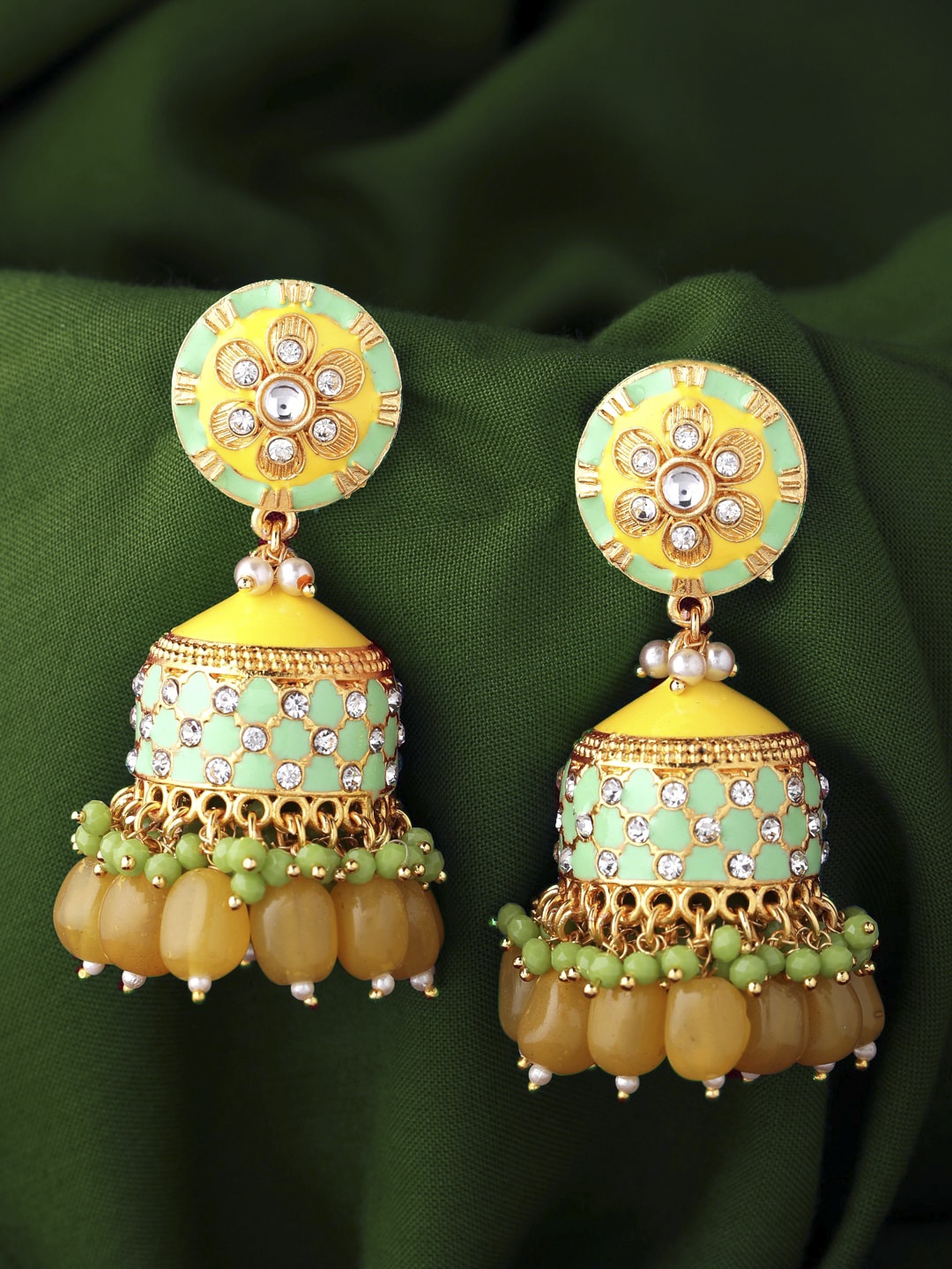 

Yellow Chimes Yellow & Green Dome Shaped Meenakari Handcrafted Jhumka Earrings