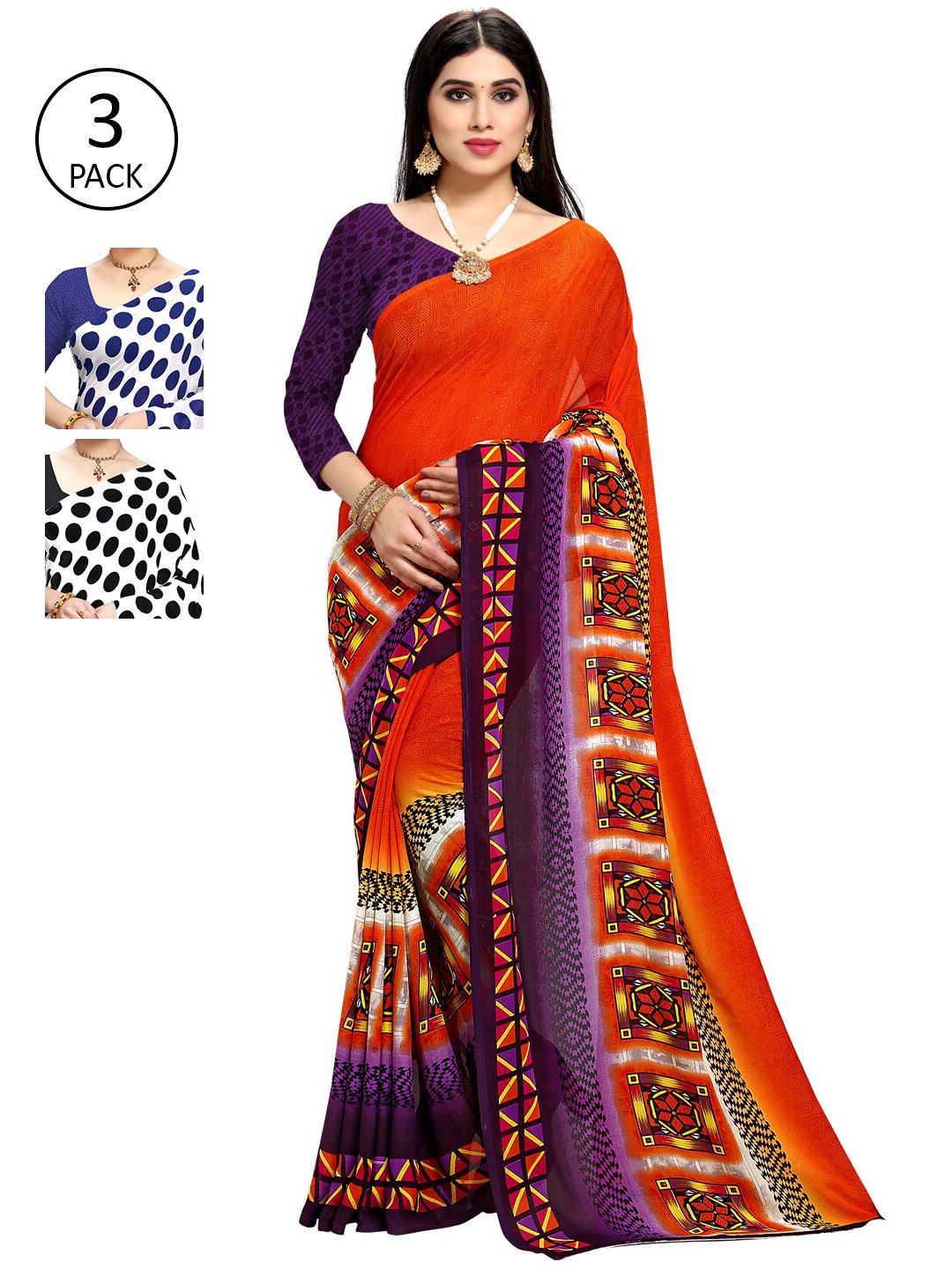 

KALINI Pack Of 3 Printed Sarees, White