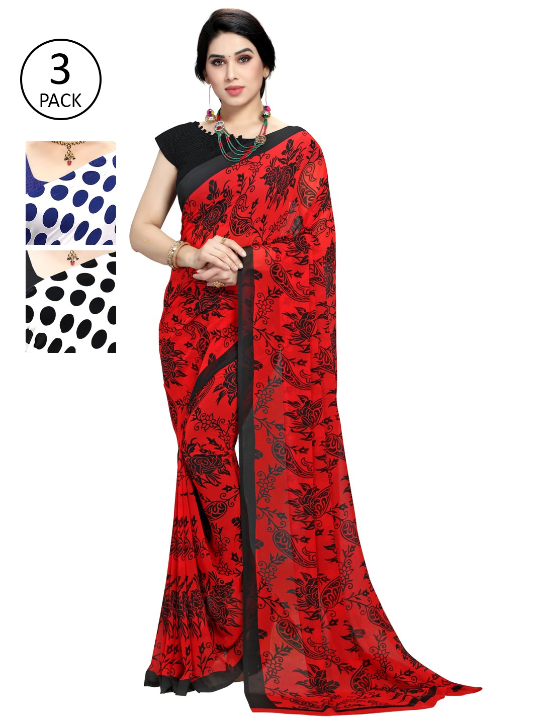 

KALINI Pack Of 3 White & Red Saree