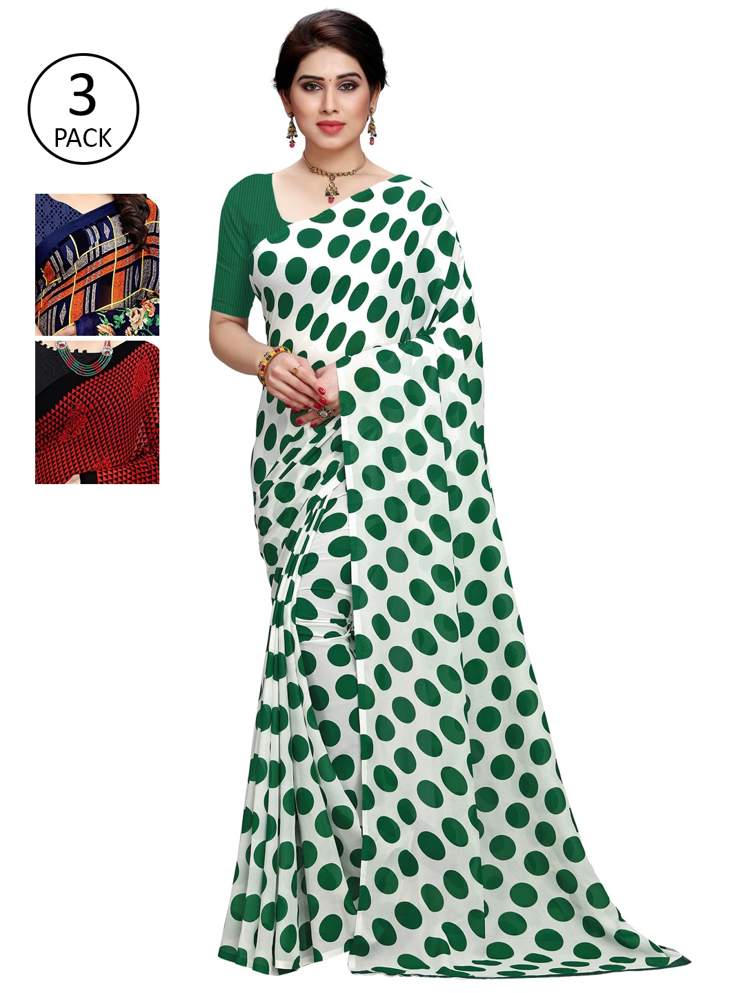 

KALINI Pack of 3 Poly Georgette Sarees, Green
