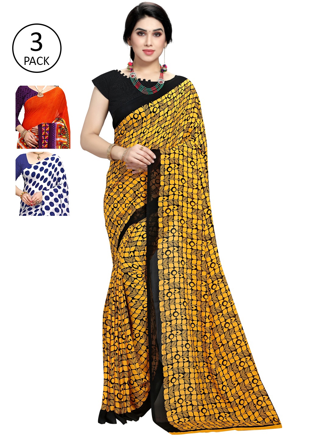 

KALINI Pack Of 3 Poly Georgette Sarees, Yellow