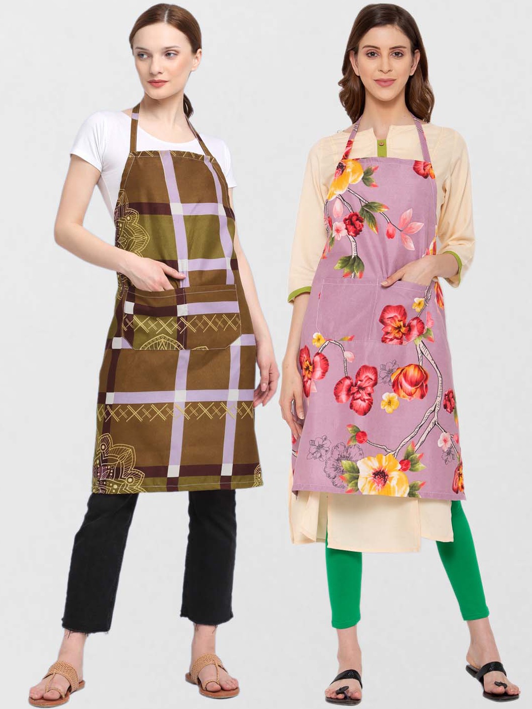 

KLOTTHE Pack Of 2 Printed 210 TC Cotton Aprons, Brown