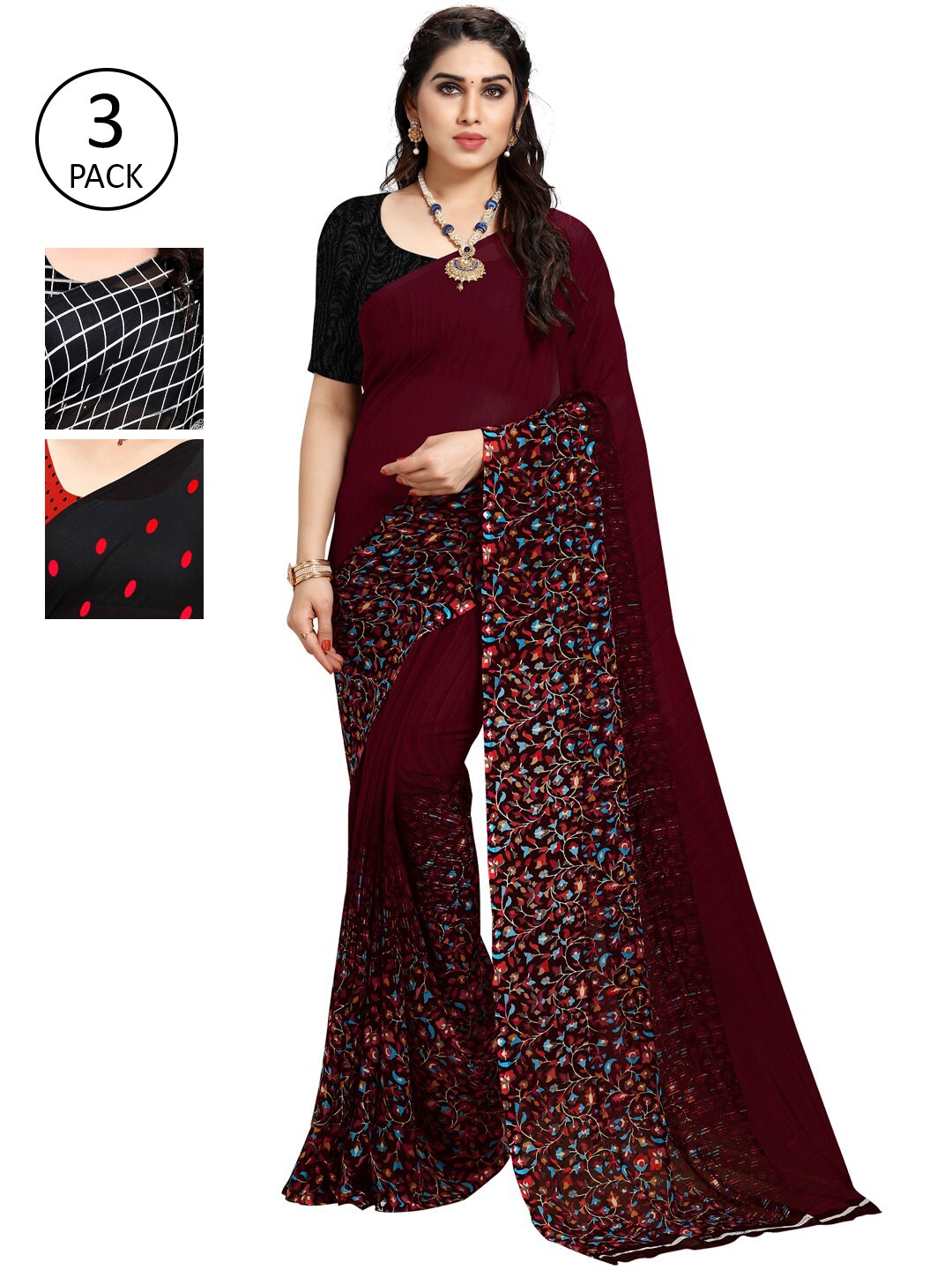 

ANAND SAREES Pack Of 3 Printed Sarees, Red