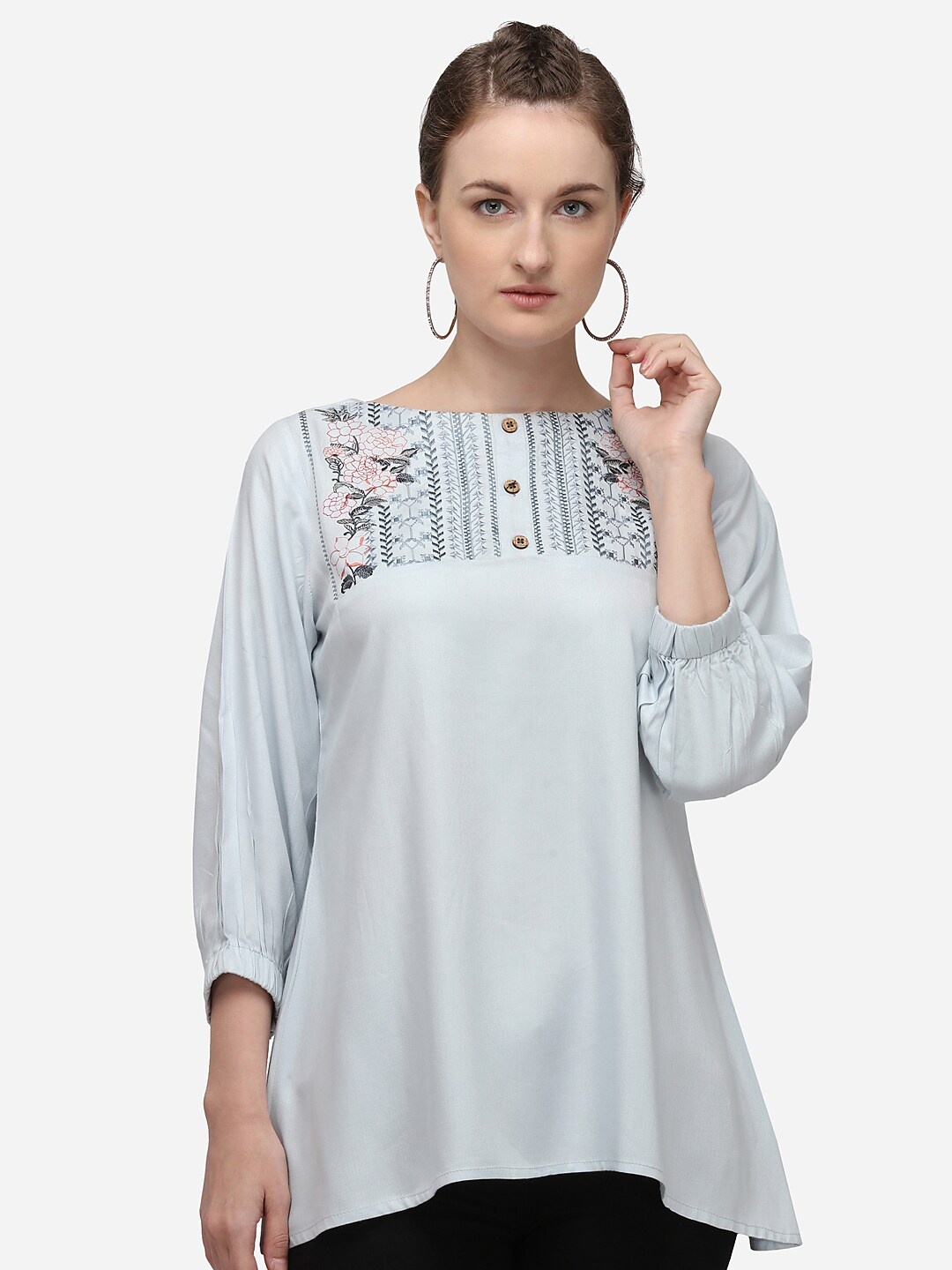 

RAISIN Blue & Grey Viscose Rayon Boat Neck Embroidered Tunic