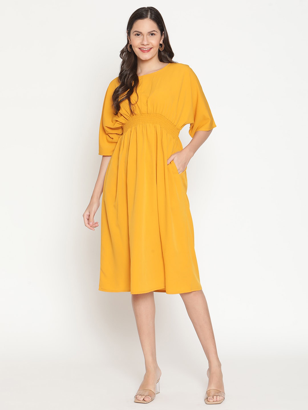 

THREAD MUSTER Mustard Yellow Smocked Midi Empire Dress
