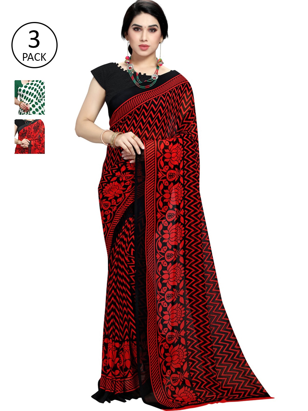 

KALINI Women Pack of 3 Printed Poly Georgette Sarees, White