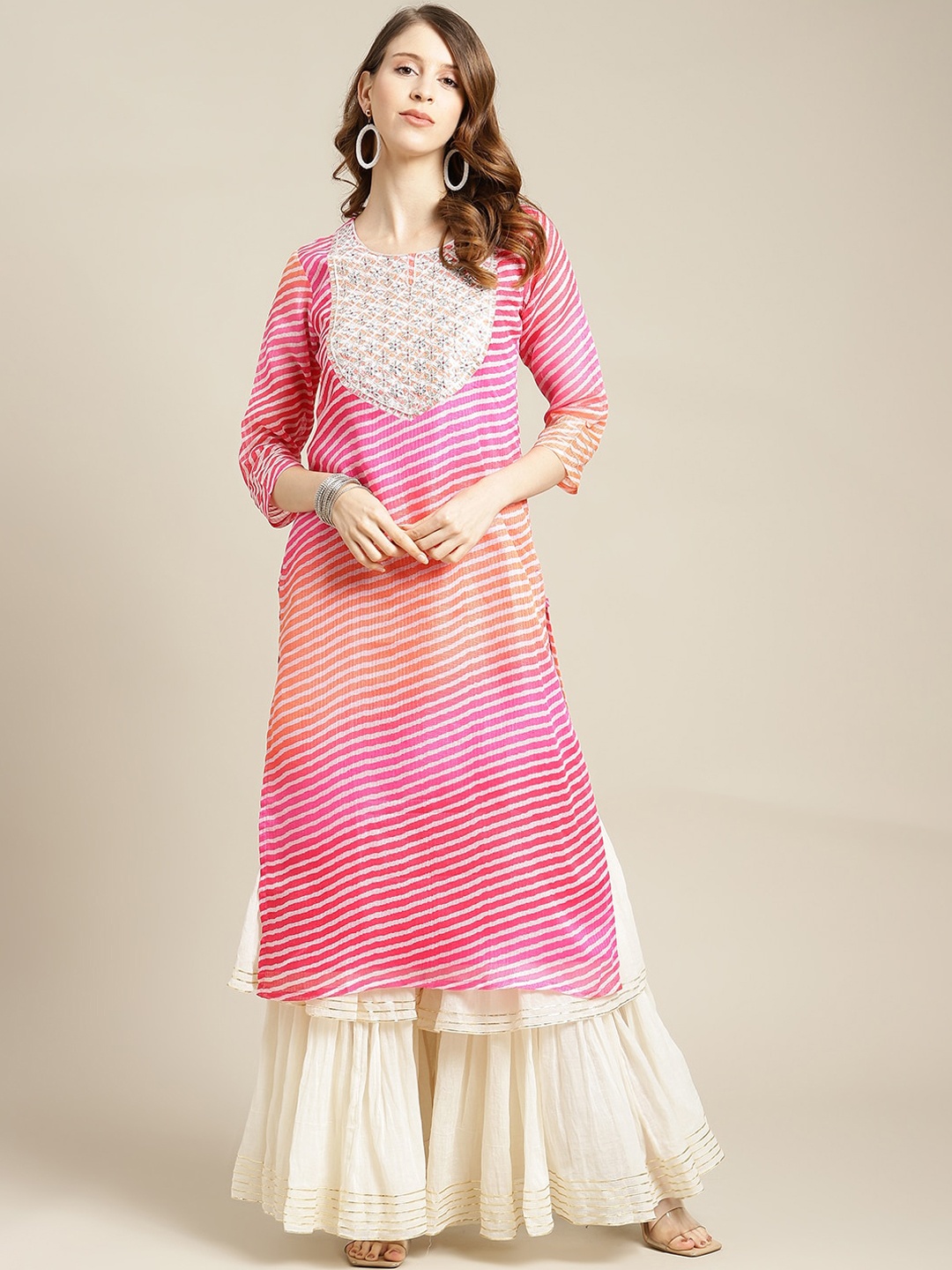 

Varanga Women Pink Striped Flared Sleeves Thread Work Kurta