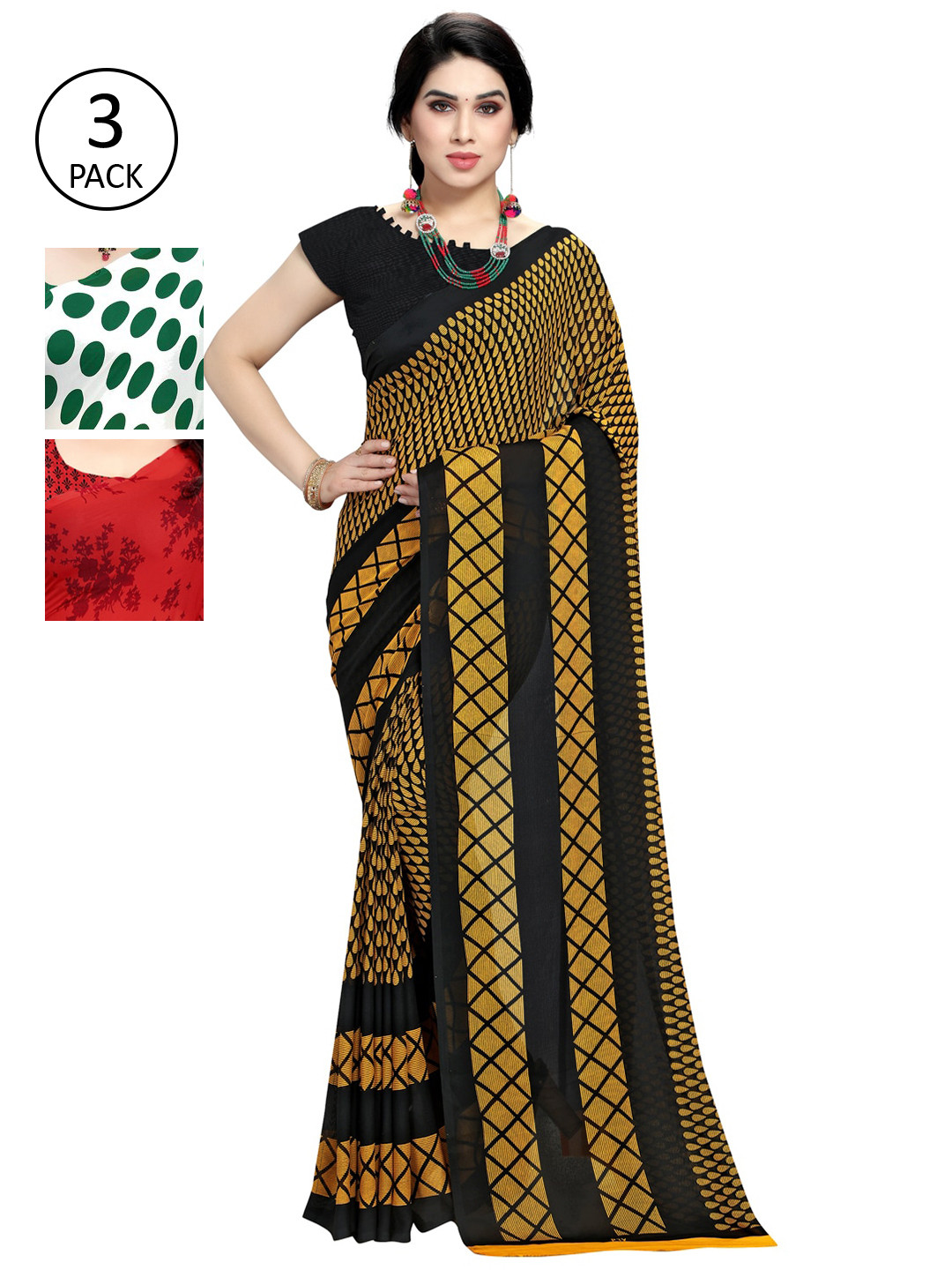 

KALINI Women Pack of 3 Printed Poly Georgette Sarees, Yellow