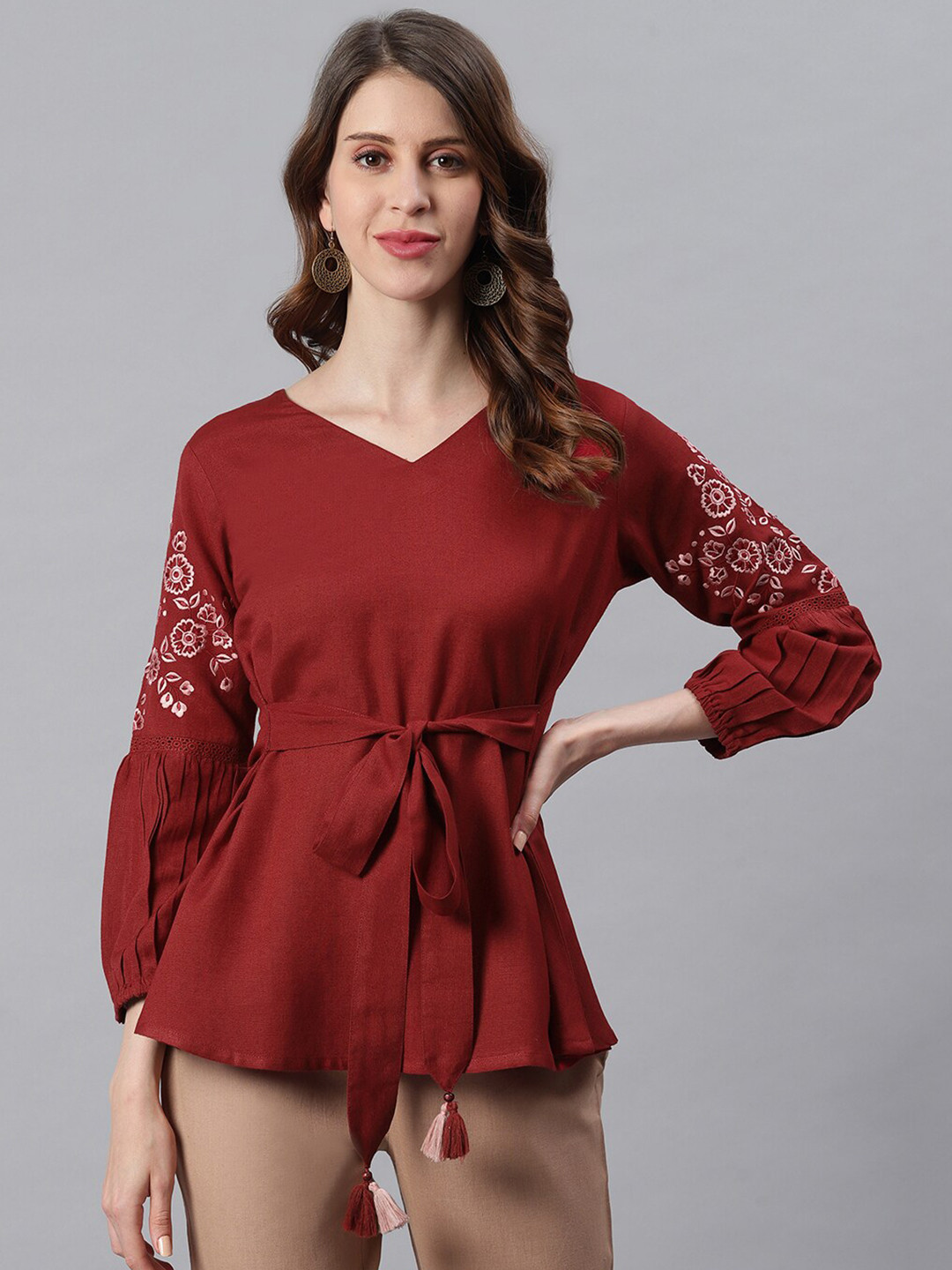 

Janasya Maroon Puff Sleeve Cinched Waist Top