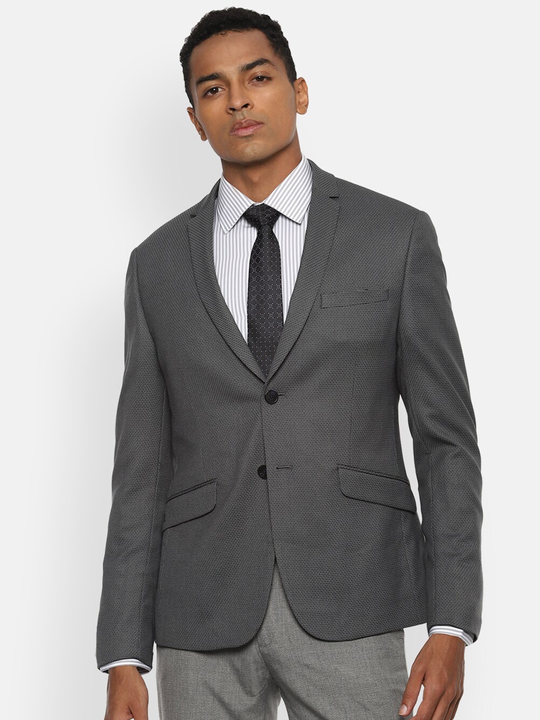 

V Dot Men Grey Self Design Slim-fit Single-Breasted Formal Blazer