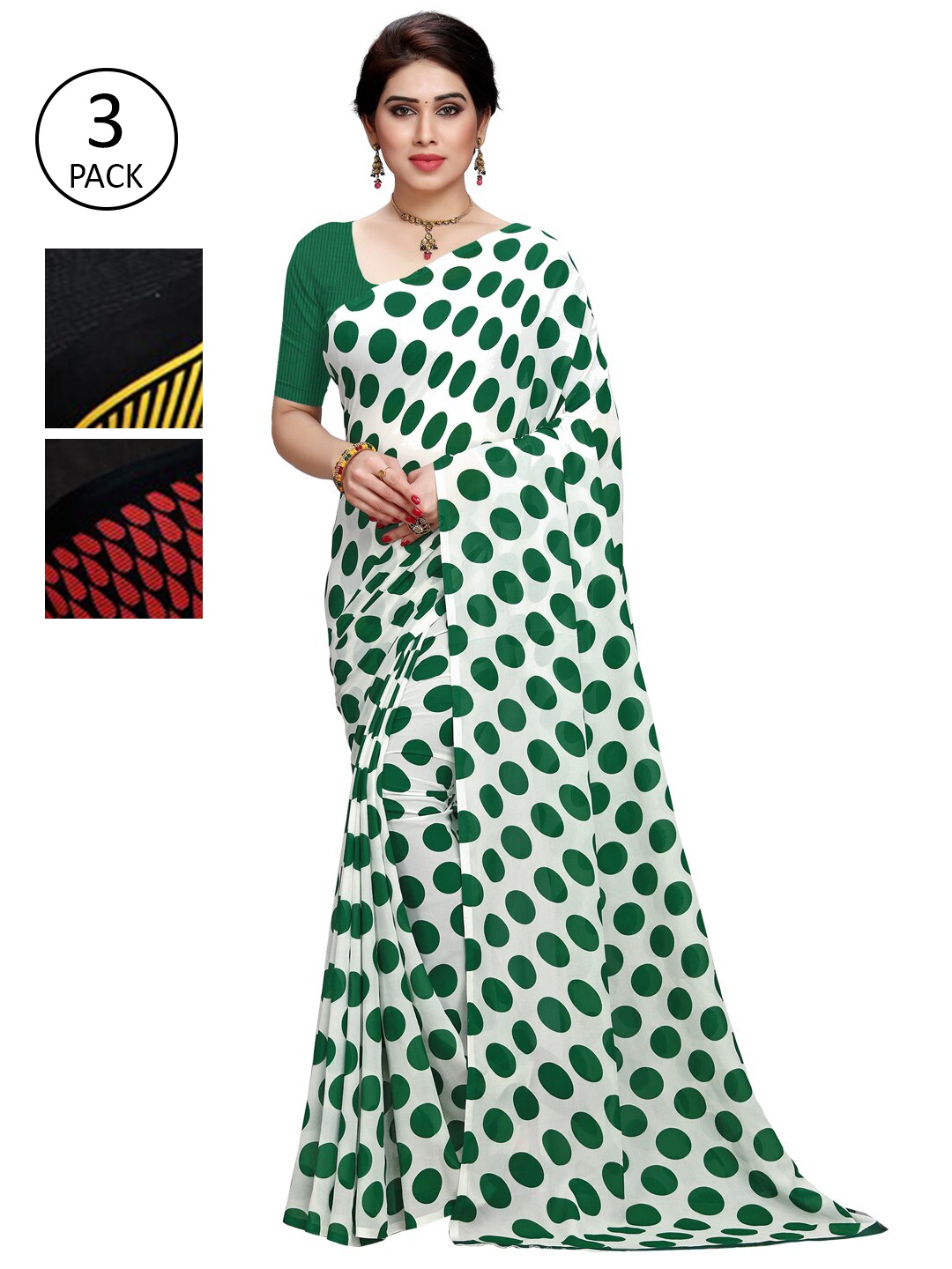 

KALINI Pack of 3 Poly Geirgette Printed Sarees, Green