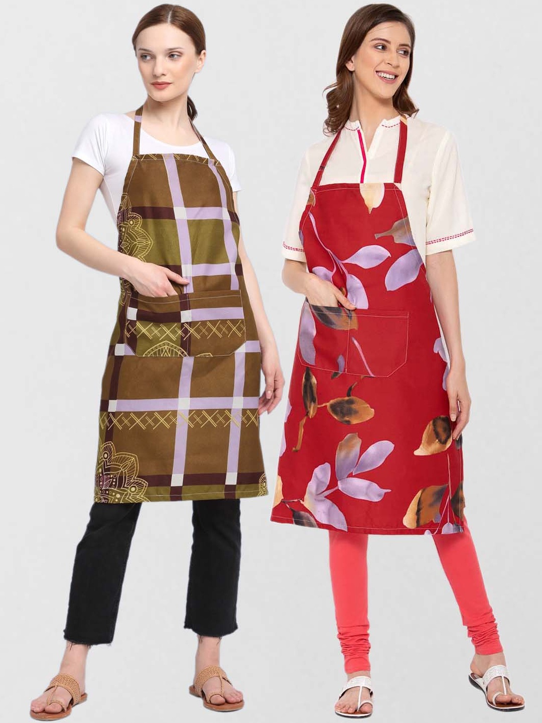 

KLOTTHE Unisex Pack Of 2 Printed Cotton 210 TC Aprons, Red