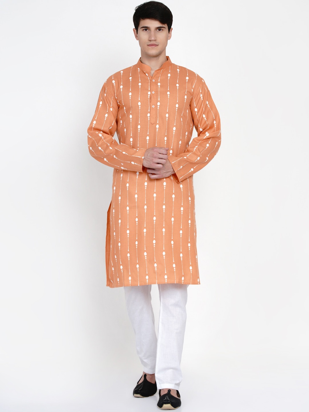 

Baawara By Bhama Men Peach & White Printed Pure Cotton Kurta with Pyjamas