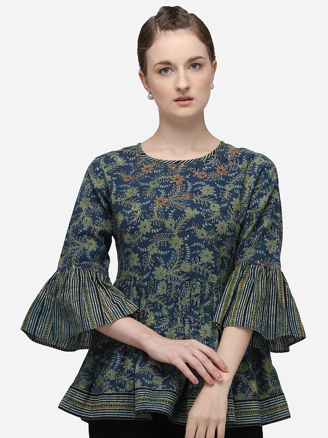 

RAISIN Navy Blue & Green Printed Peplum Tunic