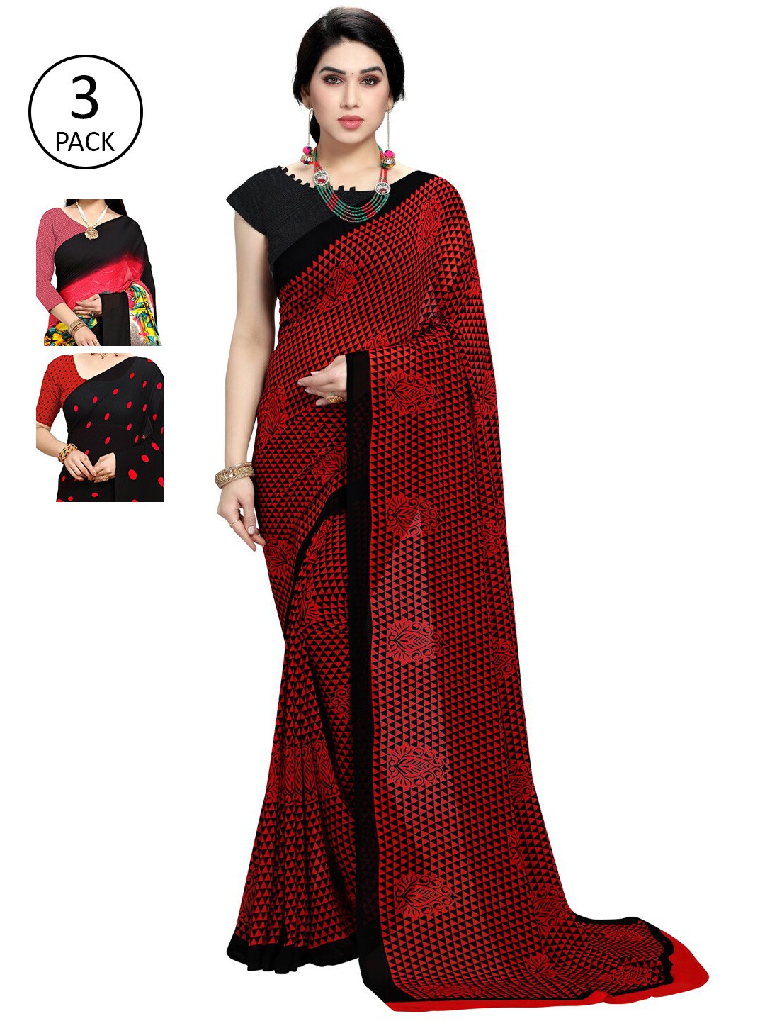 

KALINI Women Pack of 3 Printed Poly Georgette Sarees, Red