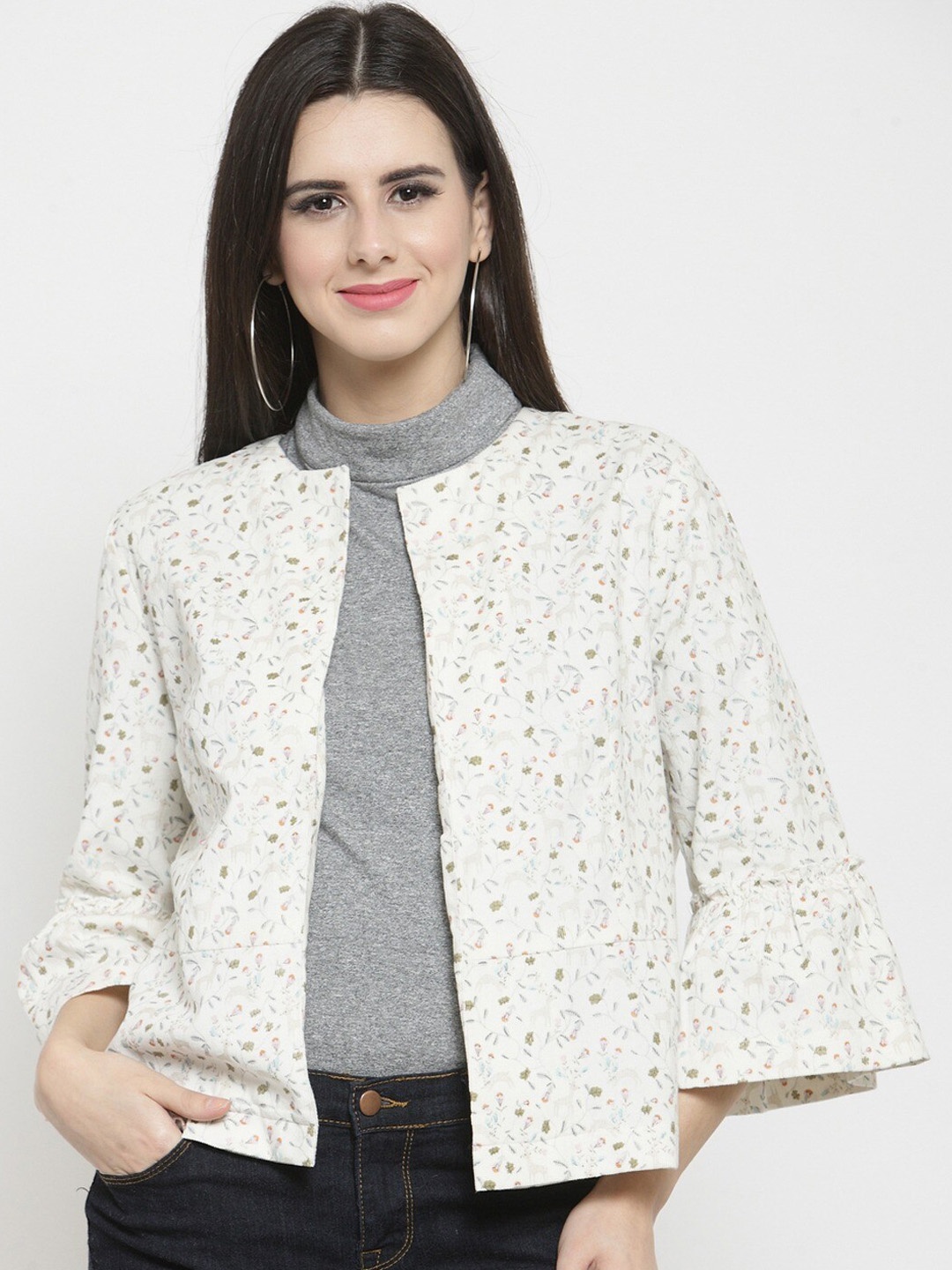 

Sera Women Off White Printed Open Front Shrug