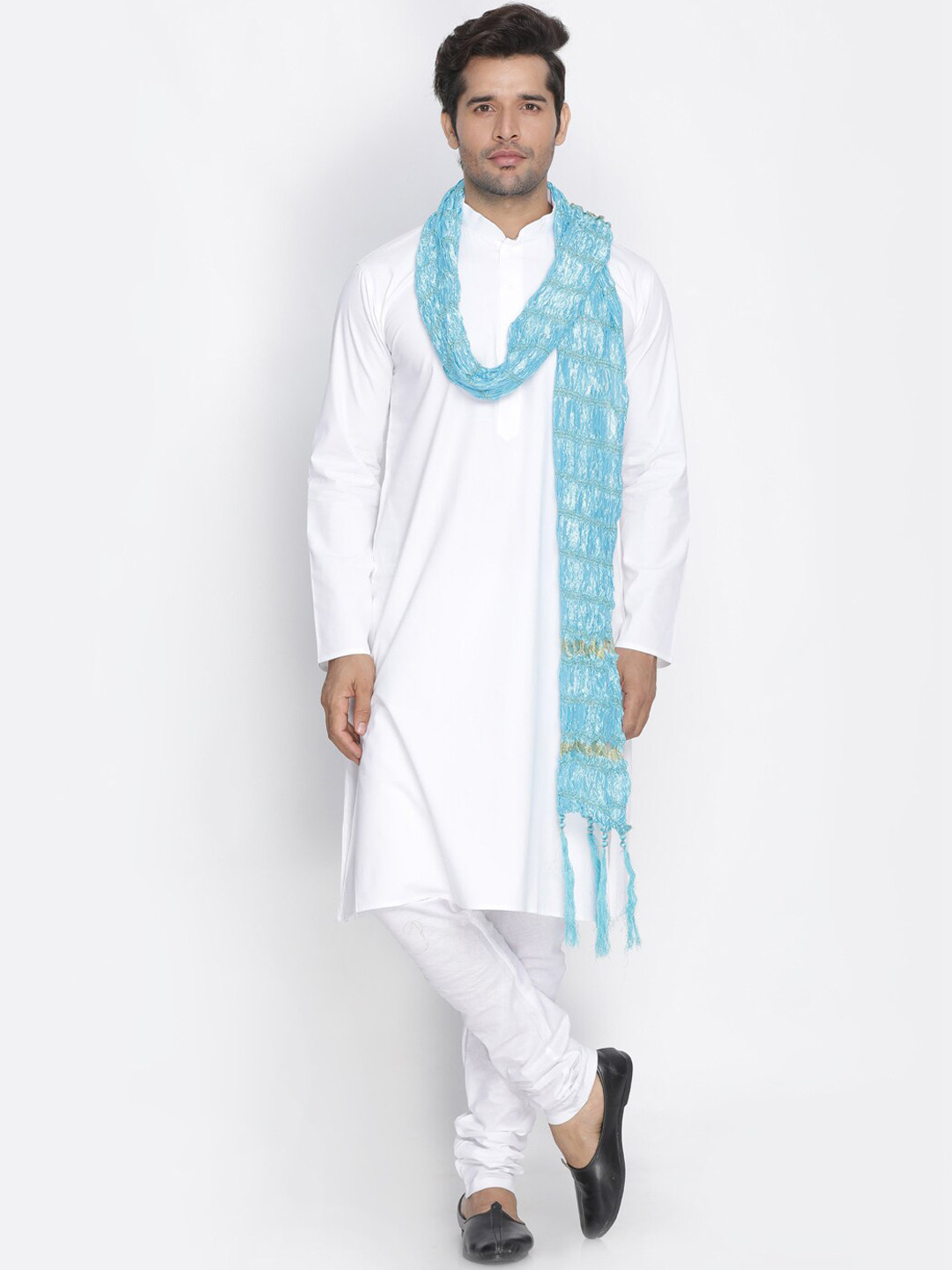 

VASTRAMAY Men White and Blue Cotton blend Solid Regular Kurta Set with Dupatta