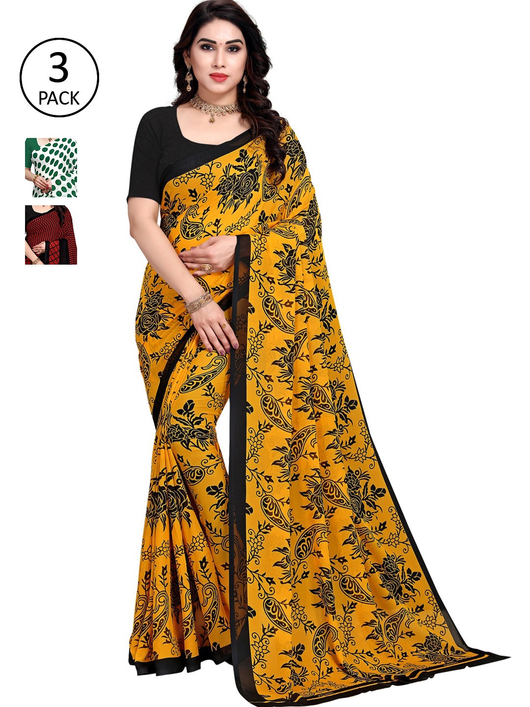 KALINI Women Pack of 3 Printed Poly Georgette Sarees, Yellow