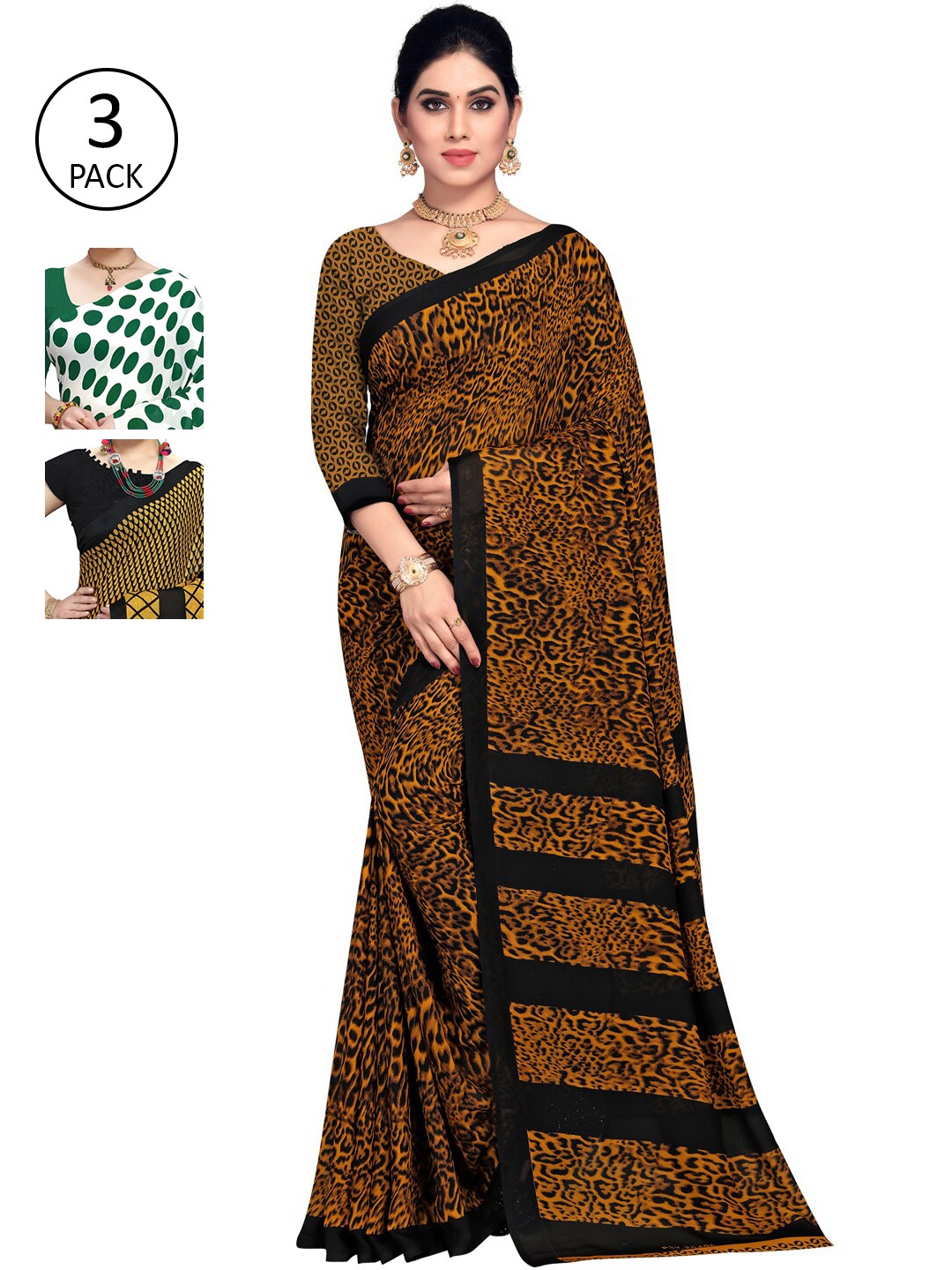 

KALINI Pack of 3 Poly Georgette Sarees, White