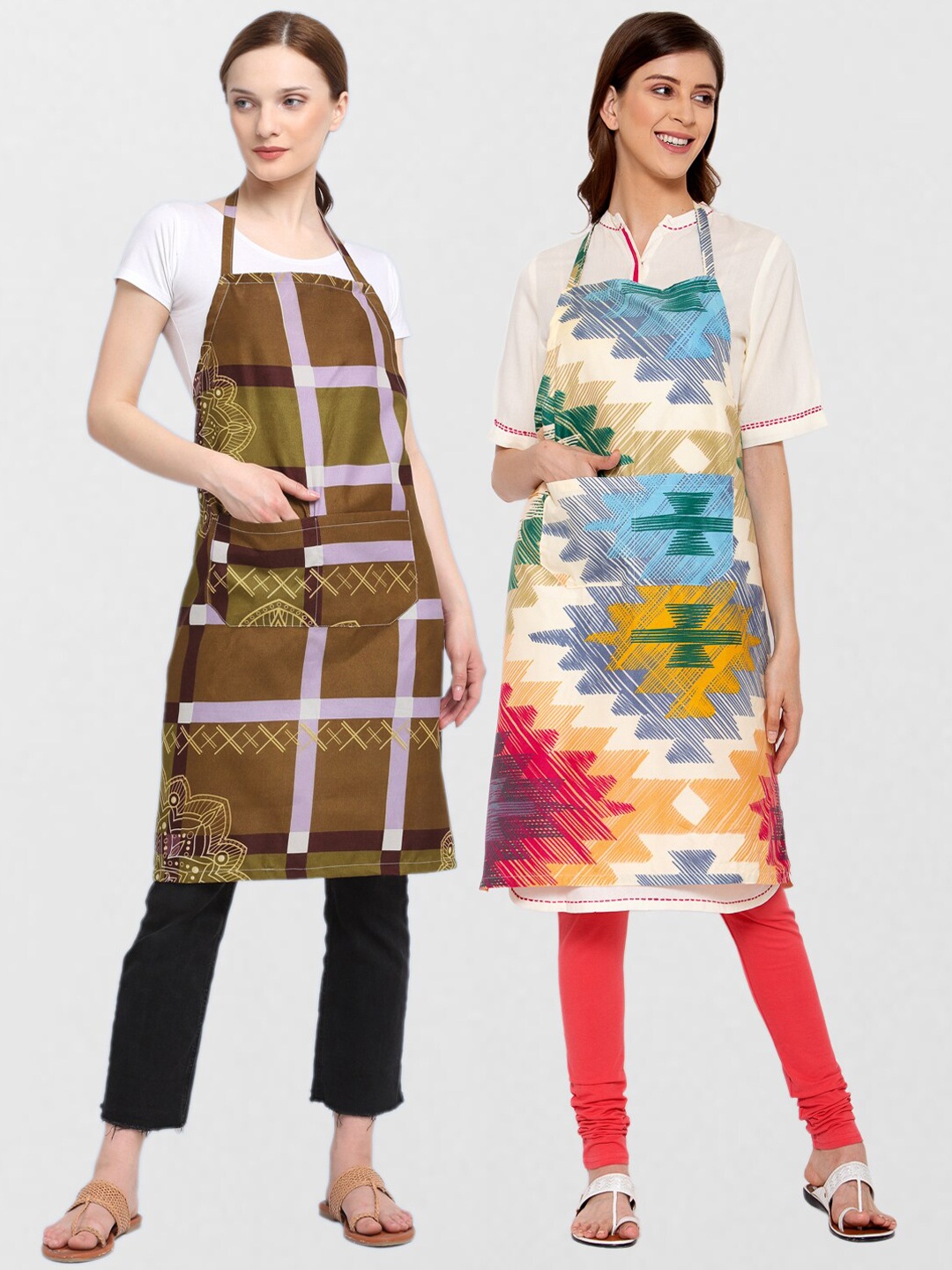 

KLOTTHE Pack Of 2 Printed 210 TC Cotton Aprons, Olive