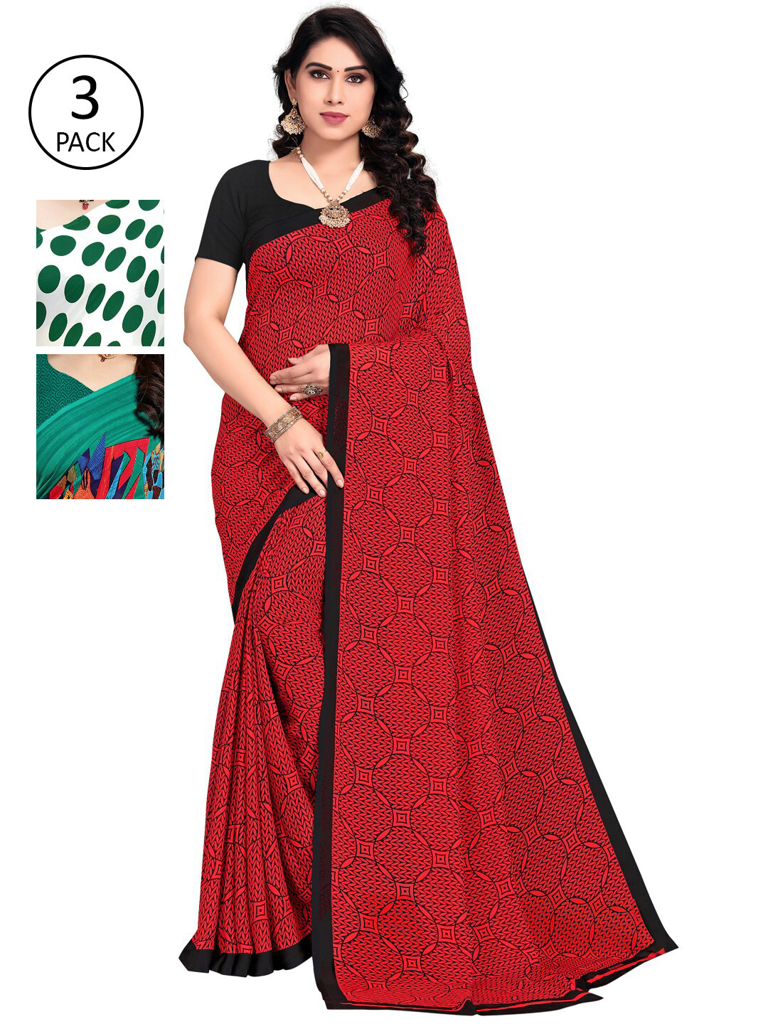 

KALINI Pack Of 3 Green & Red Floral Saree