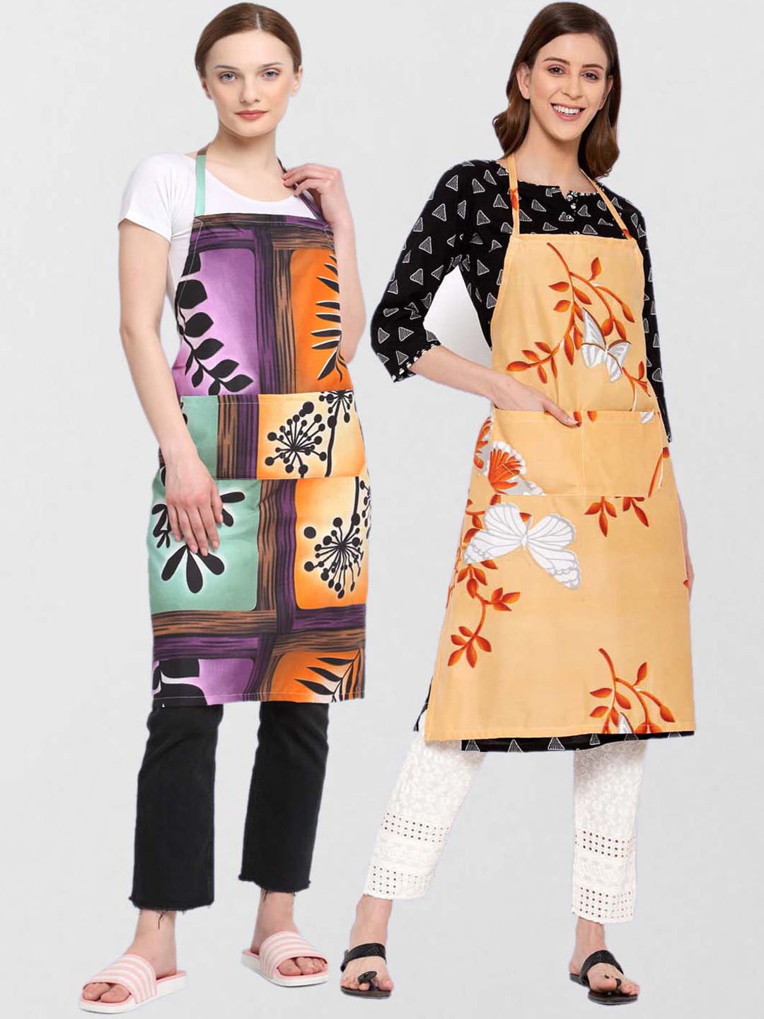 KLOTTHE Unisex Pack Of 2 Printed 210 TC Cotton Aprons, Orange