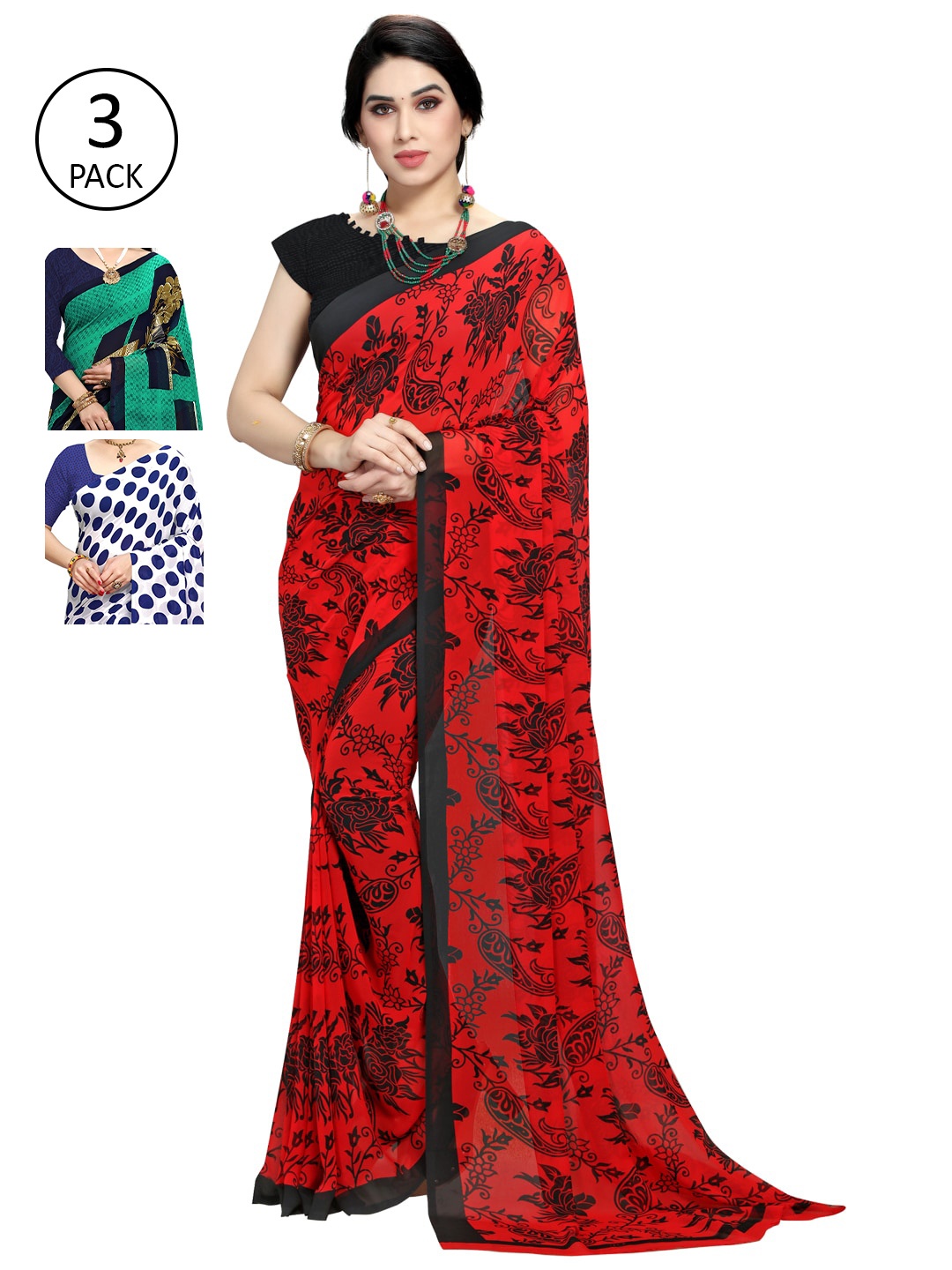 

KALINI Pack Of 3 Green & Blue Saree