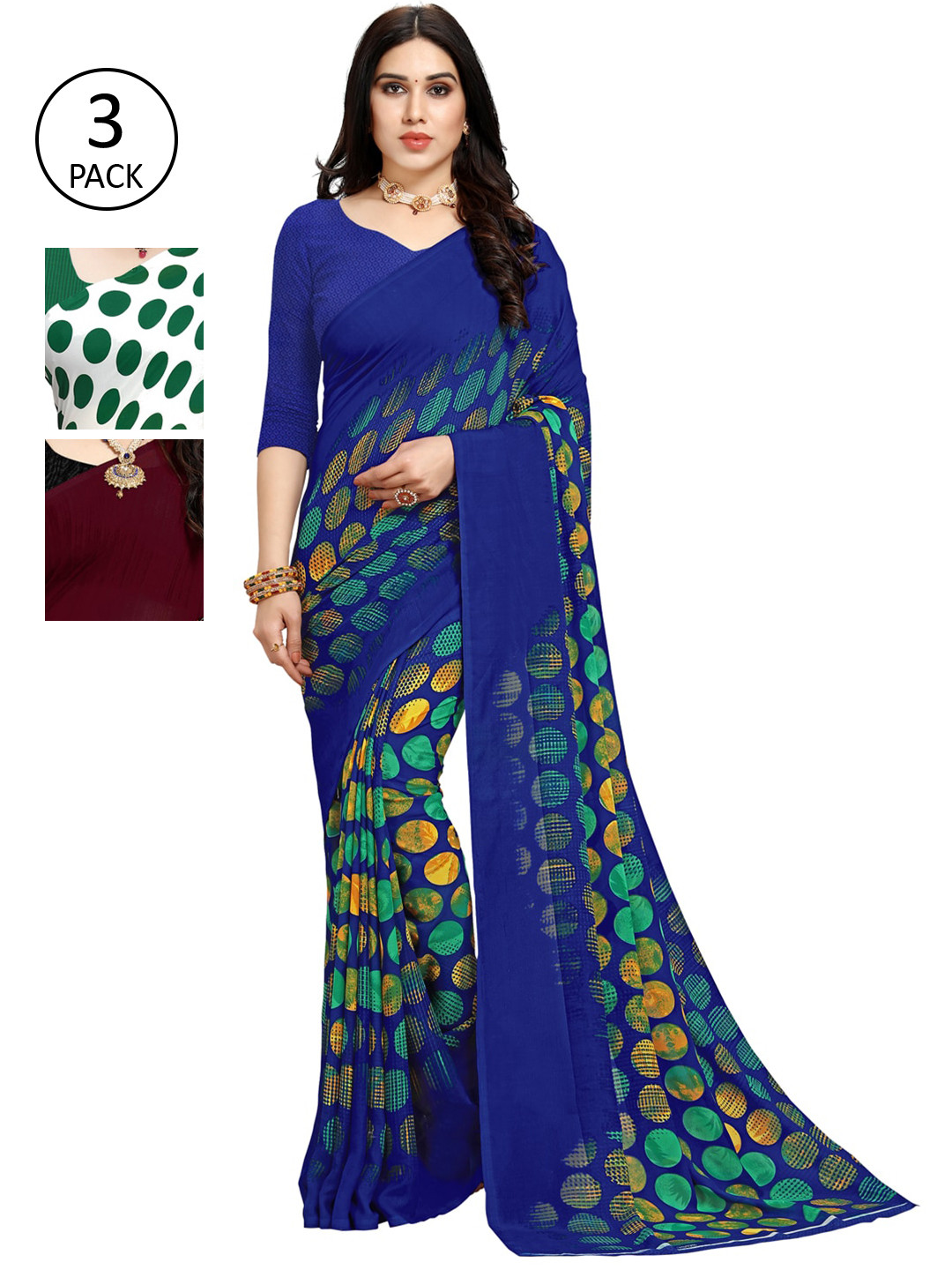 

KALINI Pack Of 3 Poly Georgette Sarees, Blue