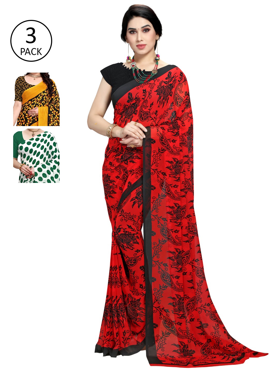 

KALINI Women Pack of 3 Printed Poly Georgette Sarees, White