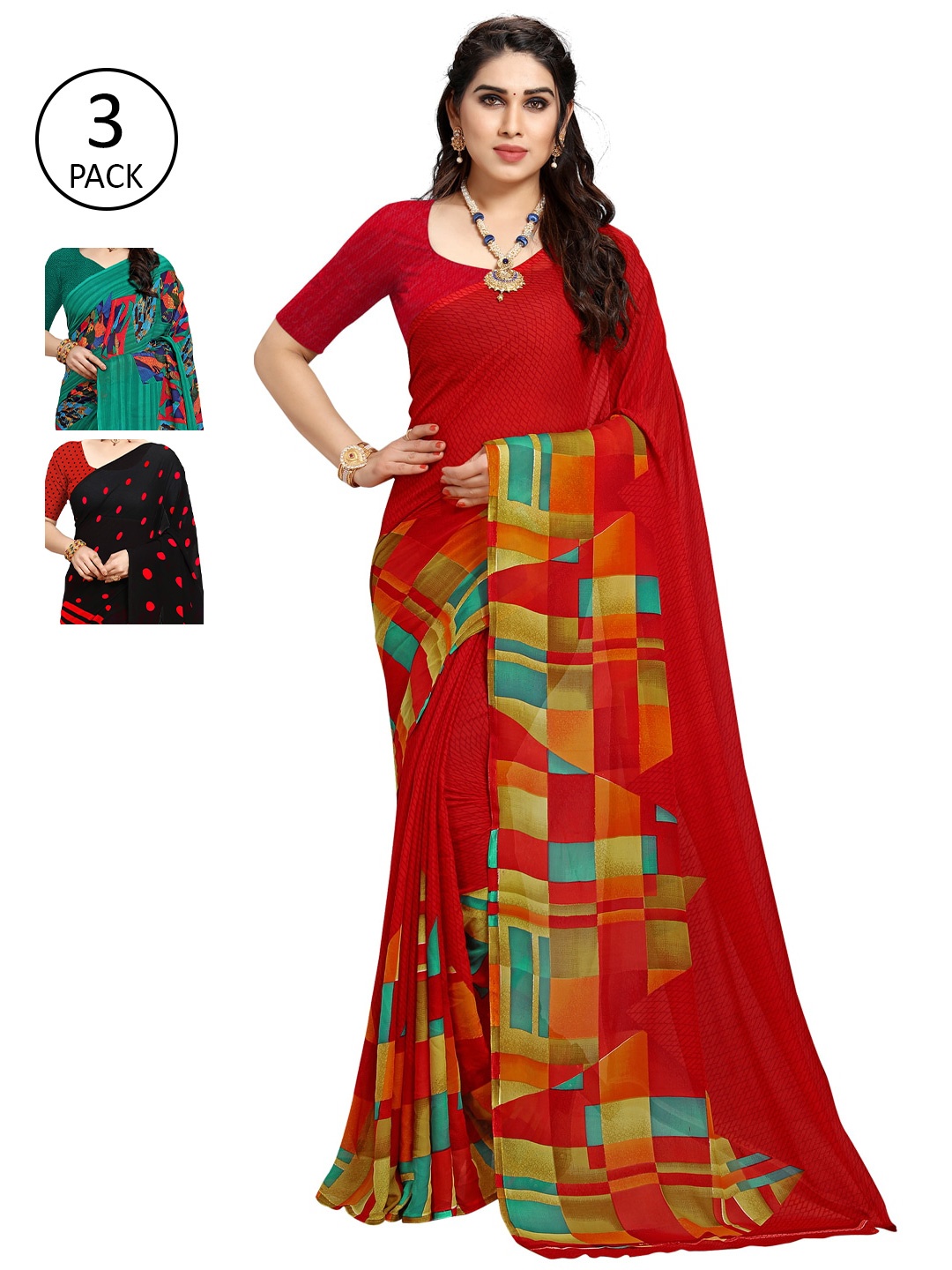 

KALINI Pack of 3 Poly Georgette Sarees, Red