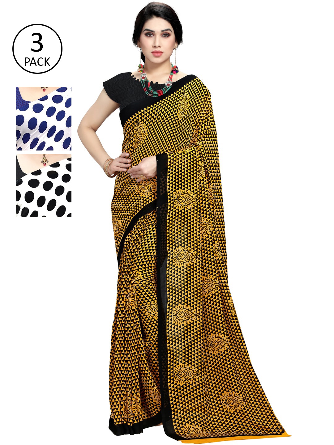 

KALINI Pack Of 3 Poly Georgette Sarees, Yellow