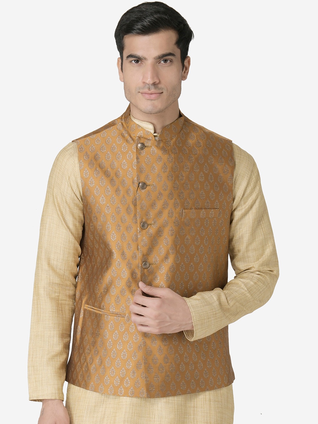 

TABARD Men Mustard Yellow & Gold-Colored Woven-Design Nehru Jacket