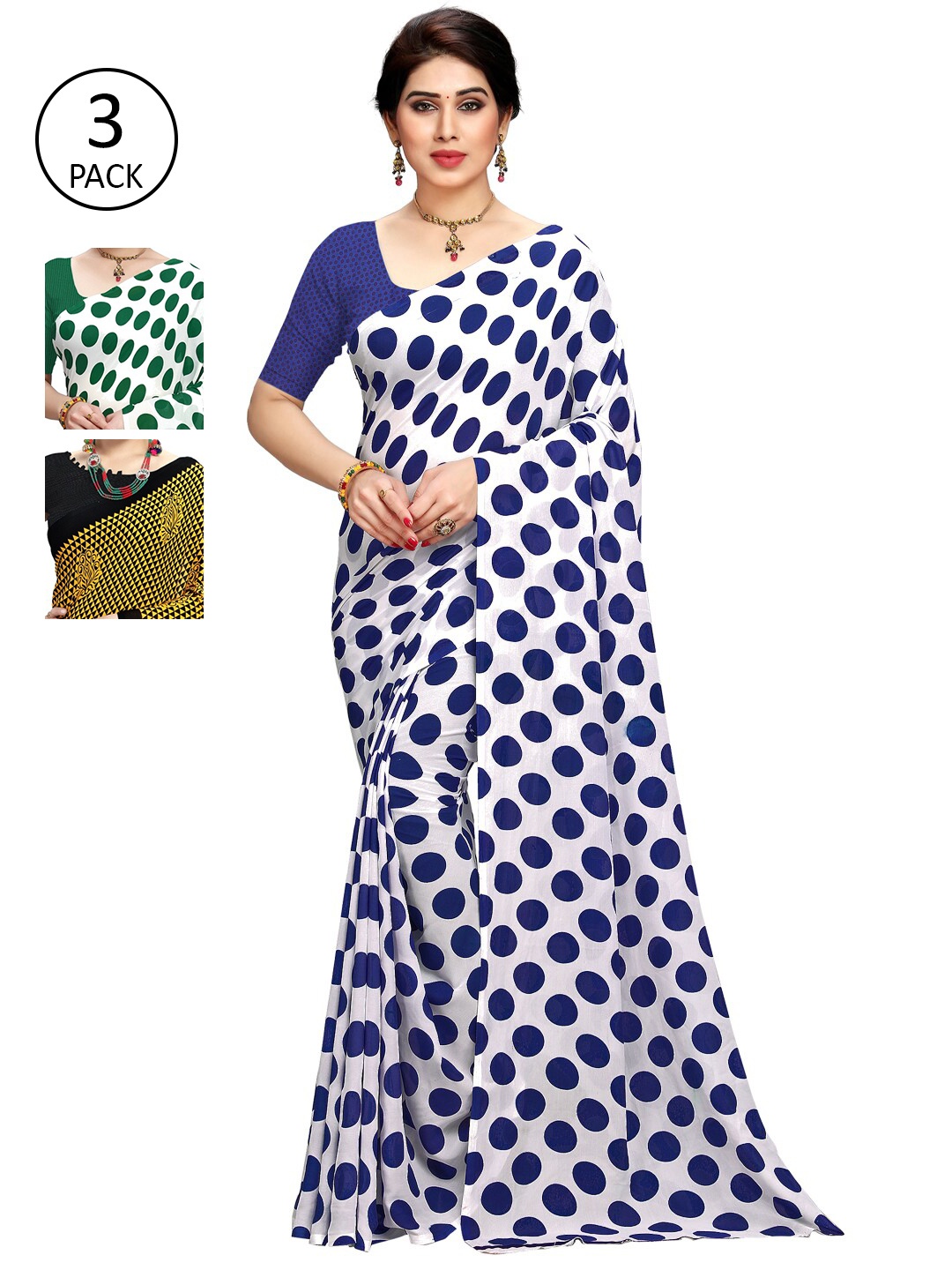 

KALINI White & Green Pack of 3 Printed Saree