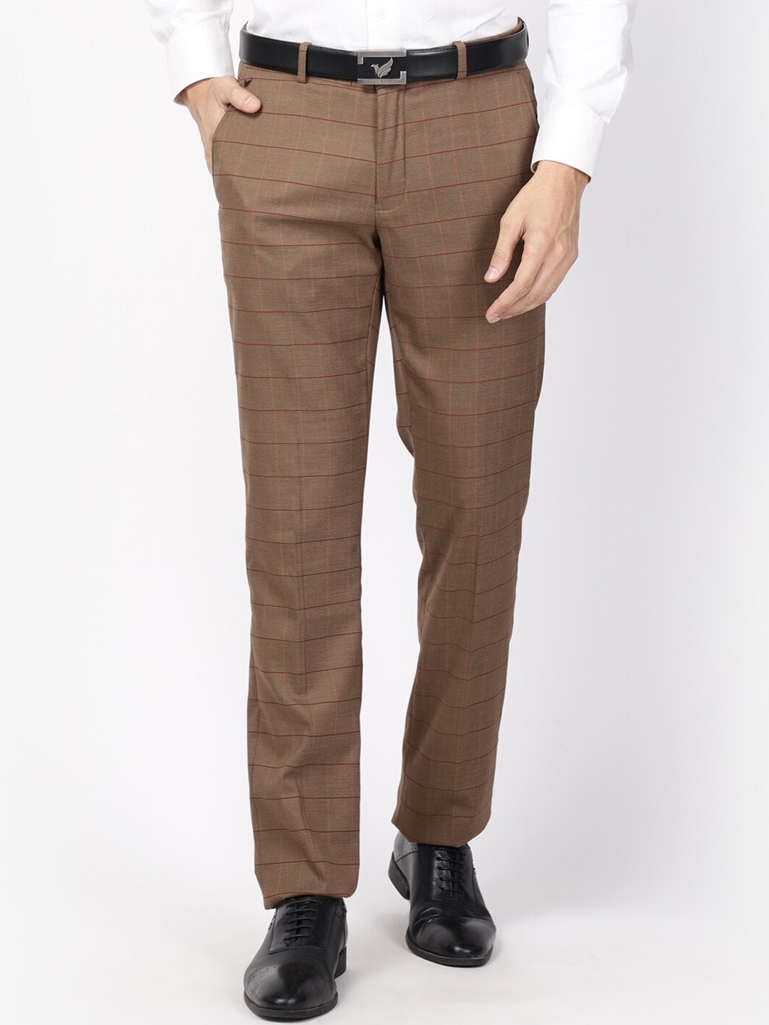 

Blackberrys Men Brown Checked B-95 Slim Fit Formal Trousers