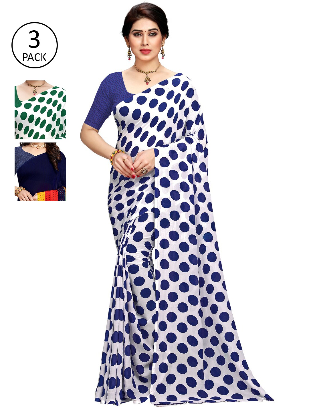 

KALINI Pack of 3 Poly Georgette Sarees, White