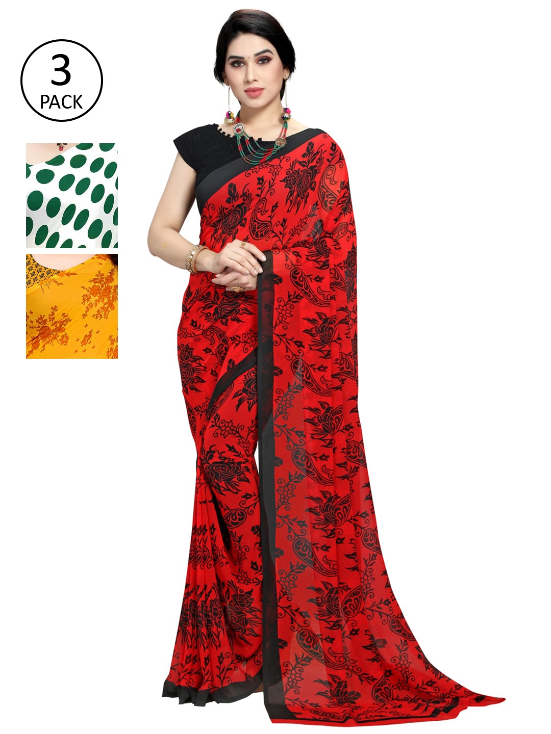 

KALINI Women Pack of 3 Printed Poly Georgette Sarees, White