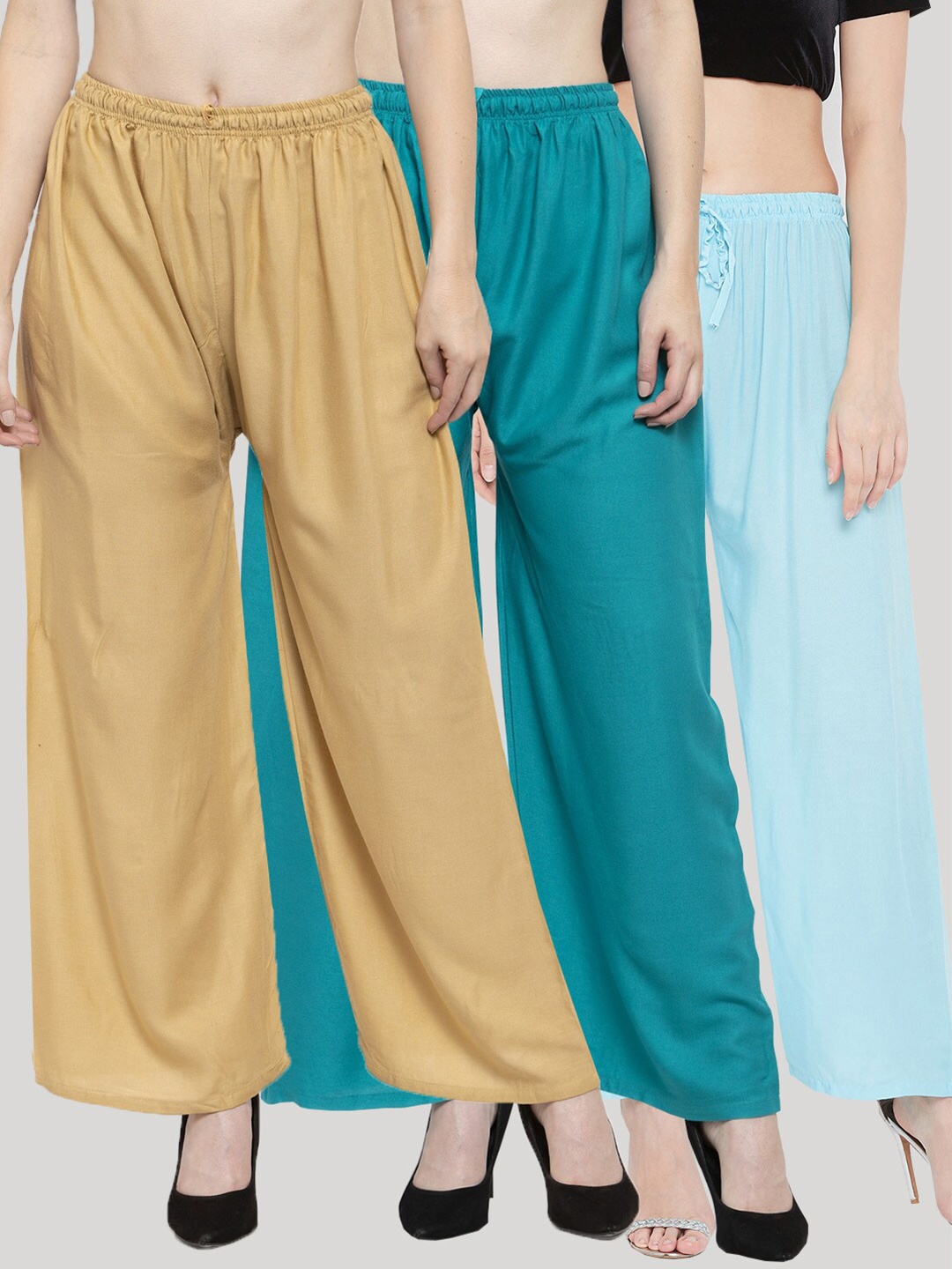 

Clora Creation Women Teal & Tan 3 Knitted Ethnic Palazzos