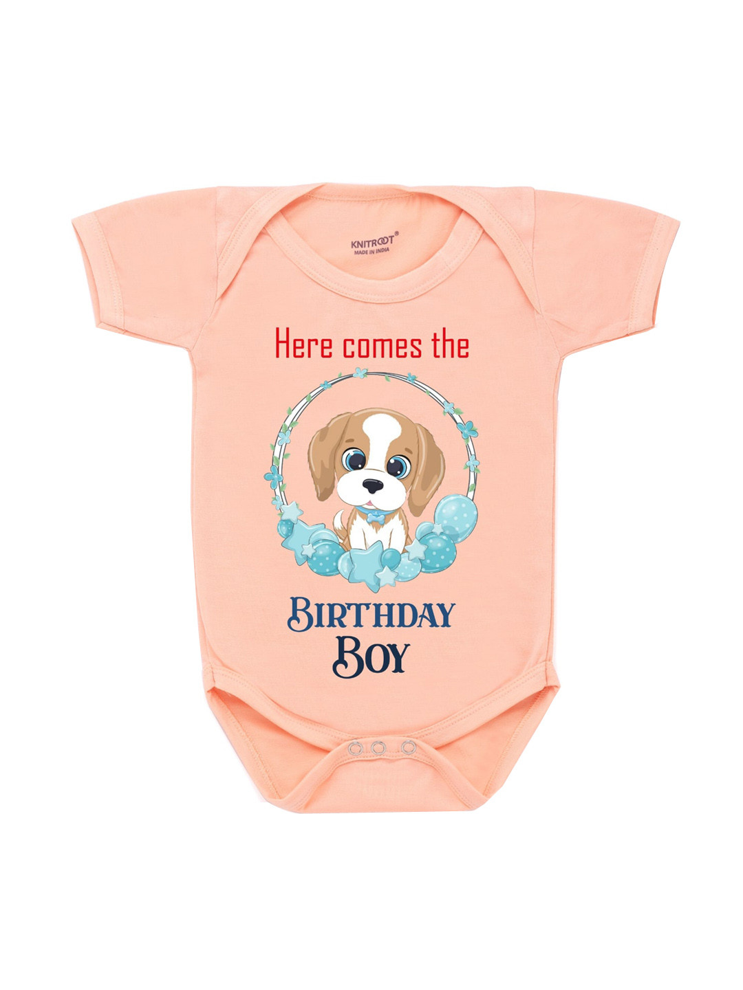 

KNITROOT Boys Peach-Coloured & Blue Birthday Boy Printed Bodysuit