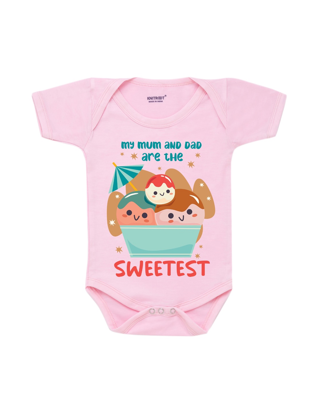 

KNITROOT Infants Kids Pink & Green Printed Cotton Bodysuit